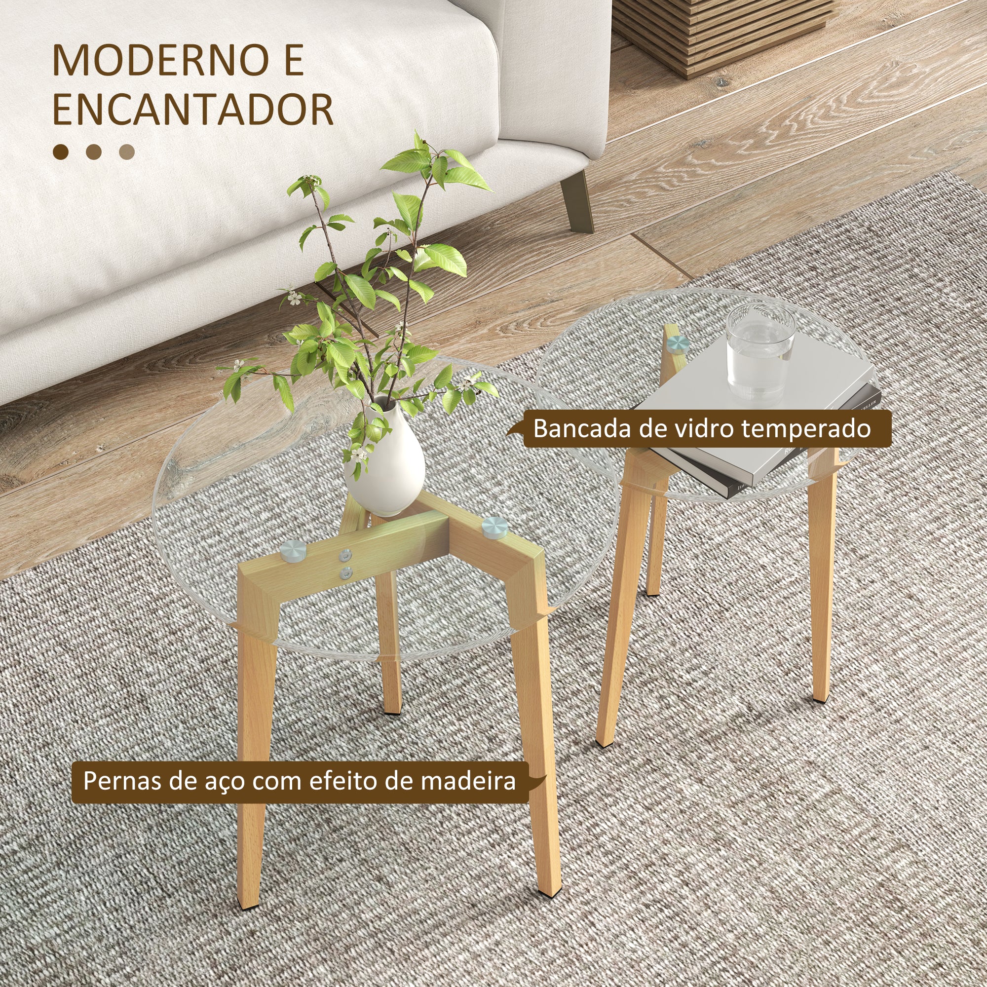 Conjunto de 2 Mesas de Apoio – Ø50x45 cm e Ø40x40 cm – Transparente – Vidro Temperado e Aço