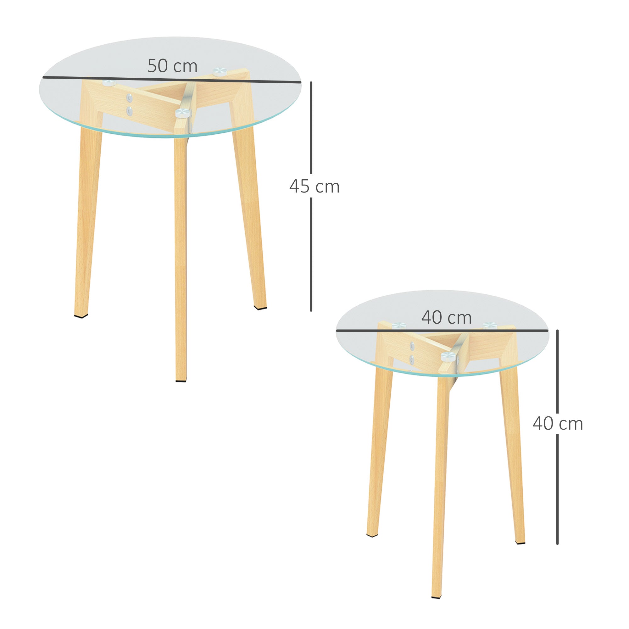 Conjunto de 2 Mesas de Apoio – Ø50x45 cm e Ø40x40 cm – Transparente – Vidro Temperado e Aço