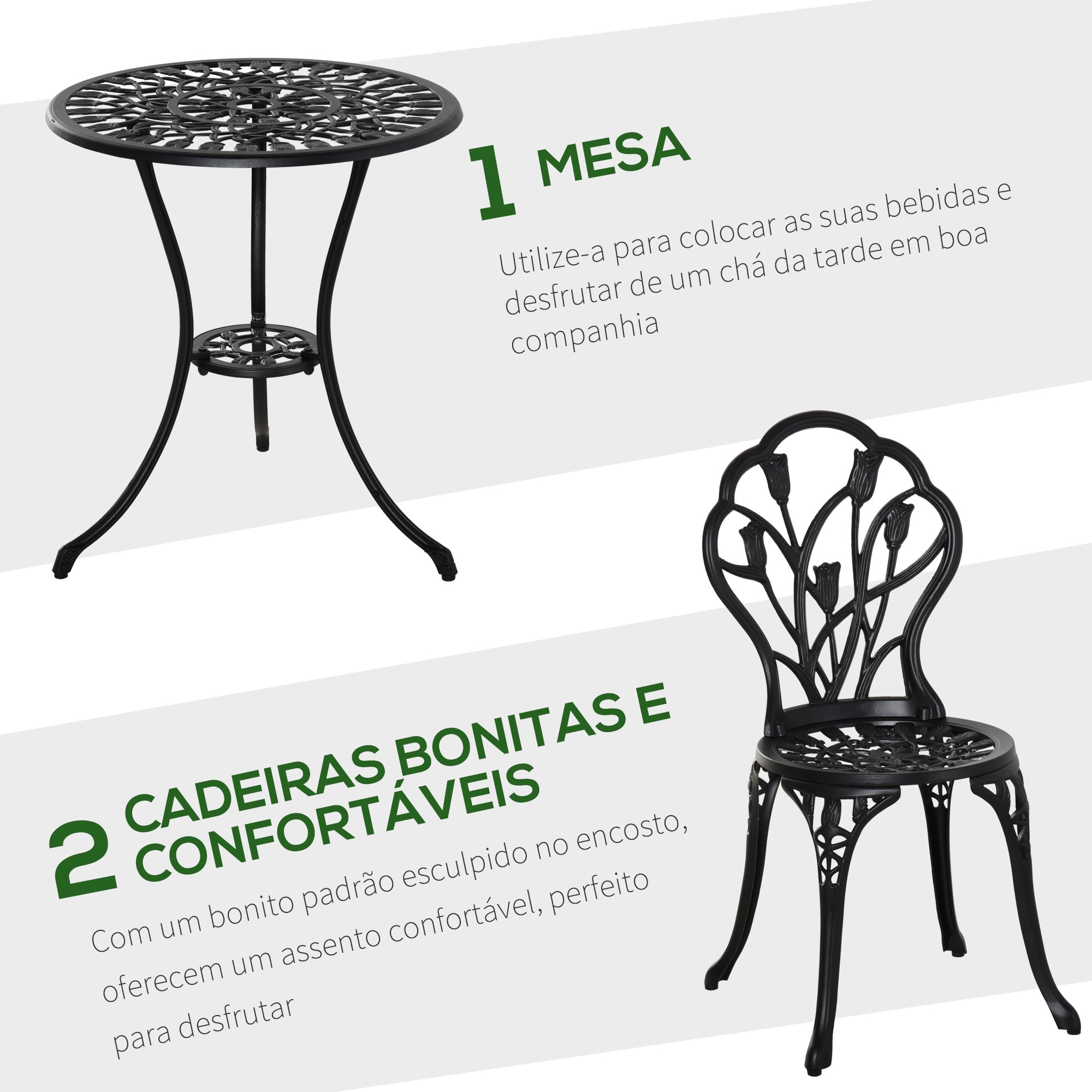 Conjunto de Mesa e Cadeiras de Jardim 3 Peças Preto Ø60x67 cm