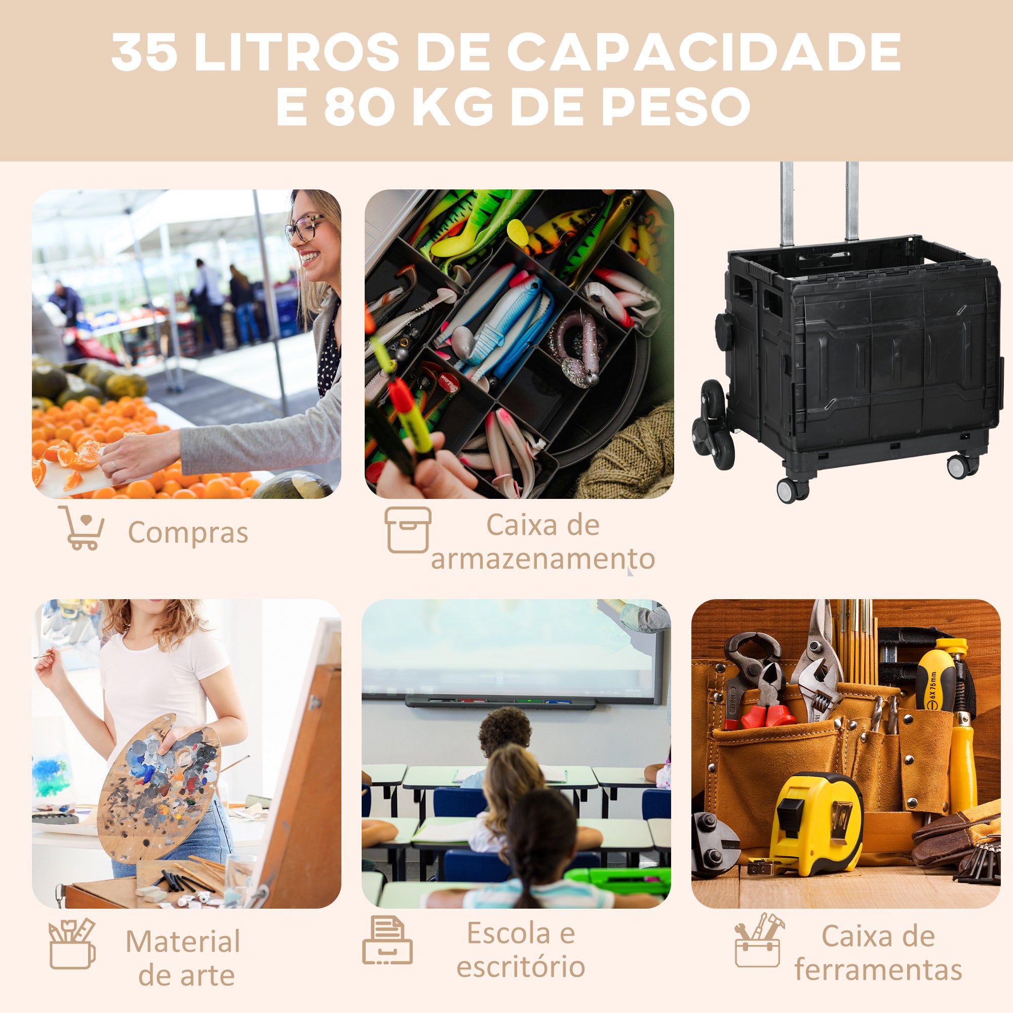 Carrinho de Armazenamento Dobrável com 2 Rodas para Subir Escadas 35L 48x43x95 cm Preto