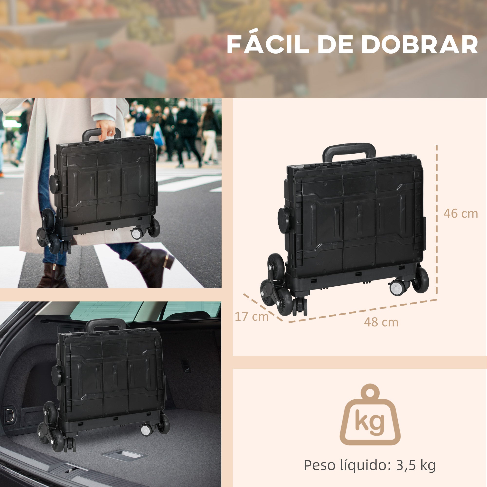 Carrinho de Armazenamento Dobrável com 2 Rodas para Subir Escadas 35L 48x43x95 cm Preto