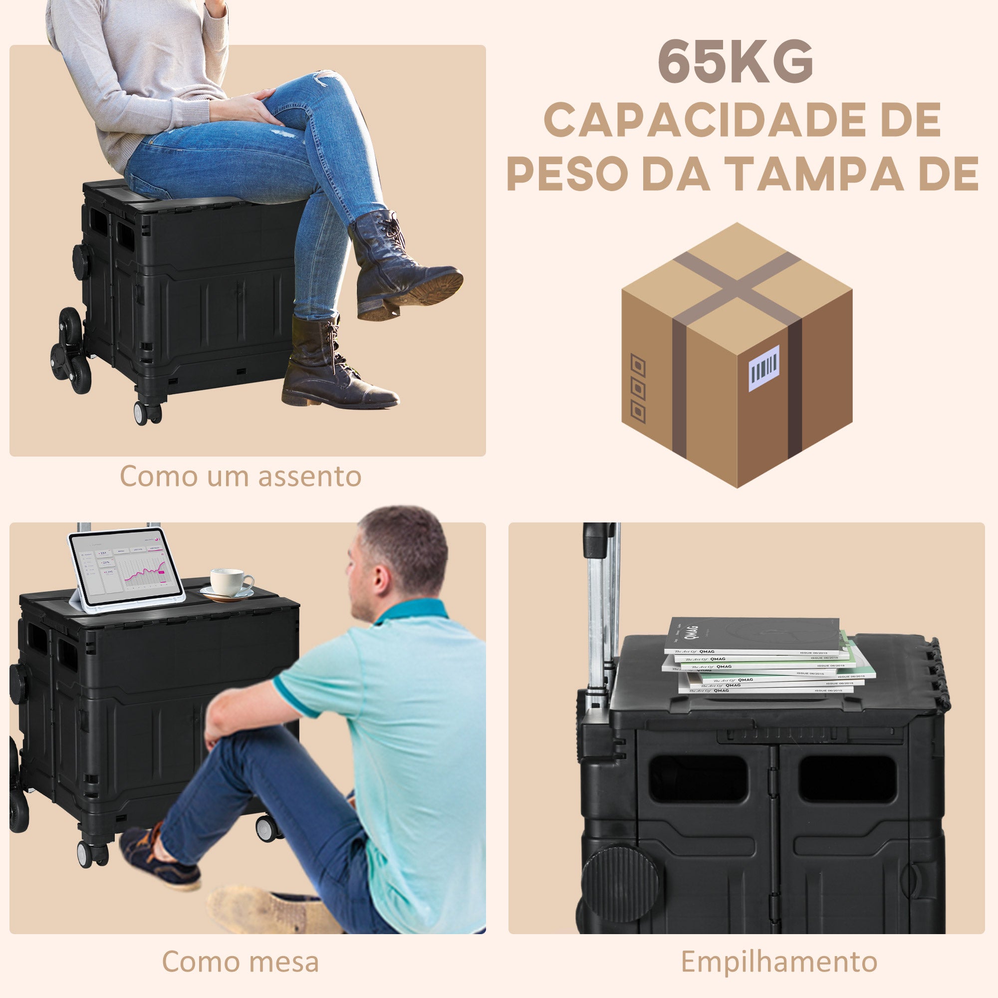Carrinho de Armazenamento Dobrável com 2 Rodas para Subir Escadas 35L 48x43x95 cm Preto