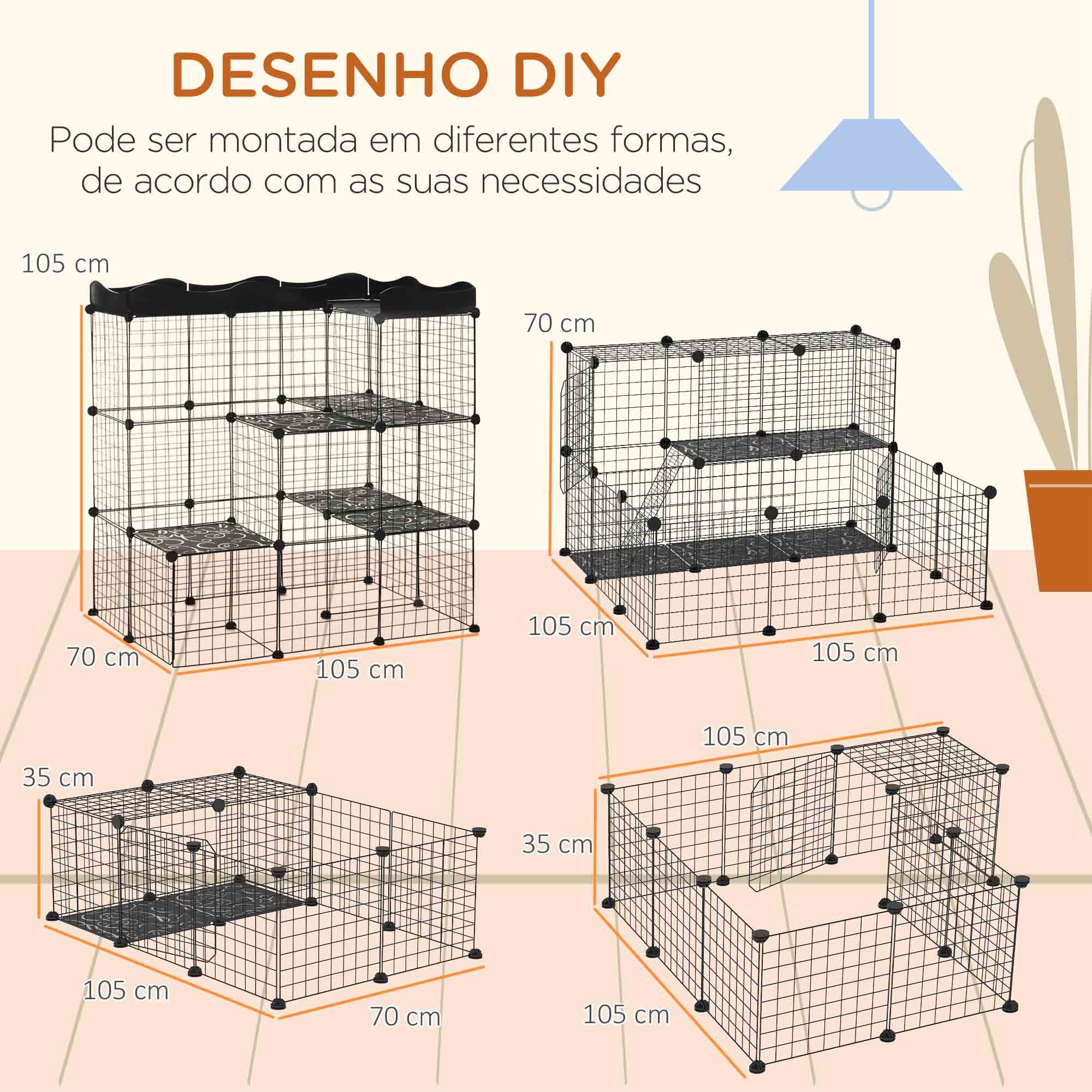Recinto Metálico para Pequenos Animais 105x70x116 cm - Cor Preto