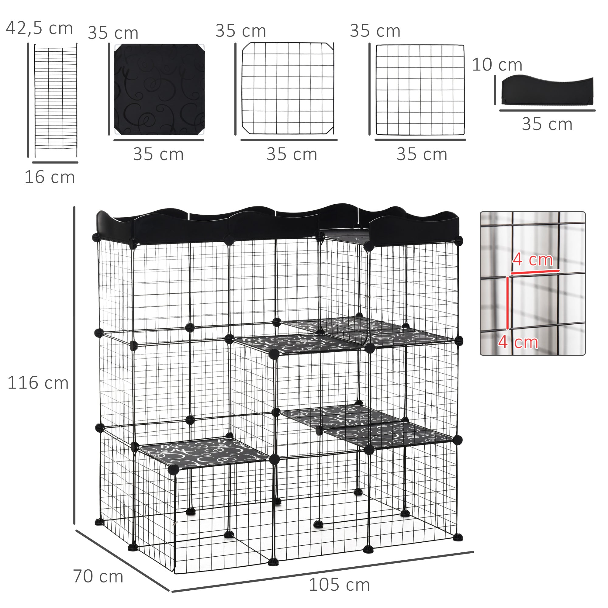 Recinto Metálico para Pequenos Animais 105x70x116 cm - Cor Preto