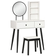 Toucador de Maquilhagem com Banquinho Espelho Redondo 80x42x131cm Branco e Preto
