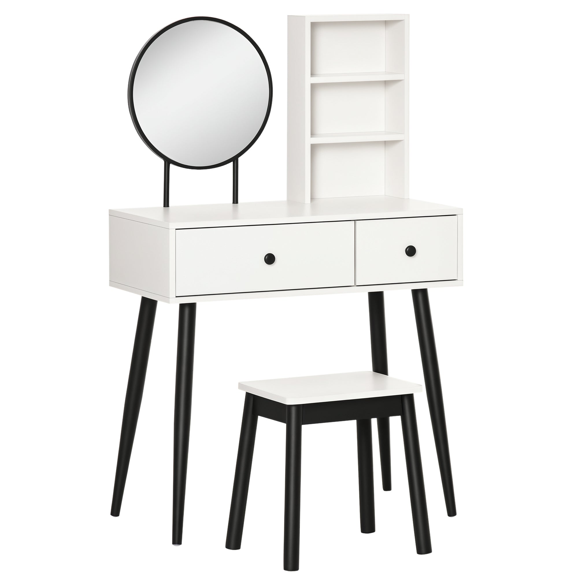 Toucador de Maquilhagem com Banquinho Espelho Redondo 80x42x131cm Branco e Preto