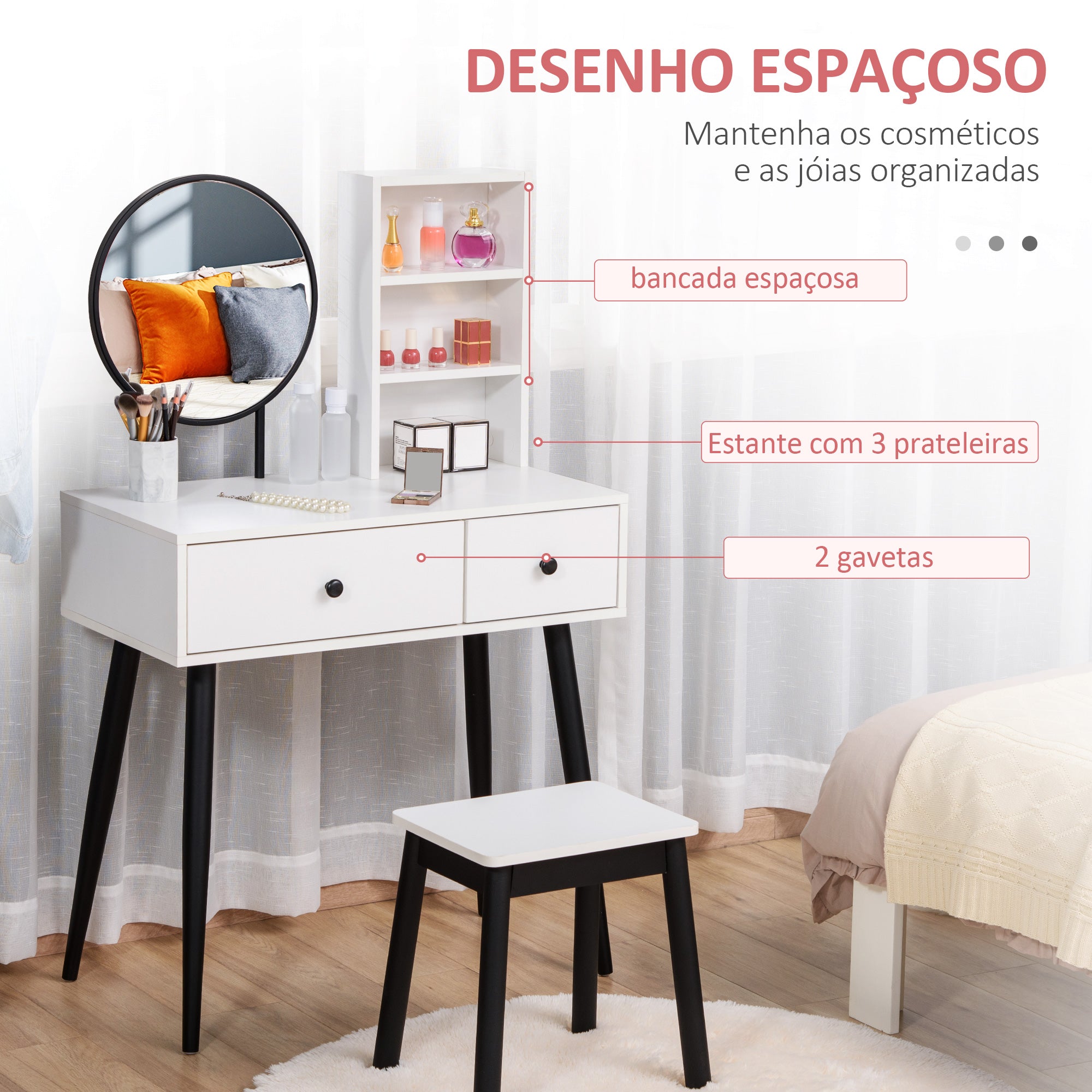 Toucador de Maquilhagem com Banquinho Espelho Redondo 80x42x131cm Branco e Preto