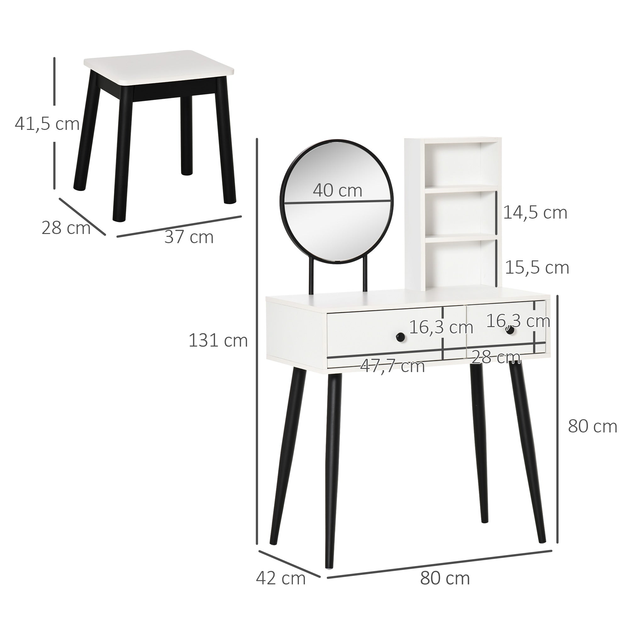 Toucador de Maquilhagem com Banquinho Espelho Redondo 80x42x131cm Branco e Preto