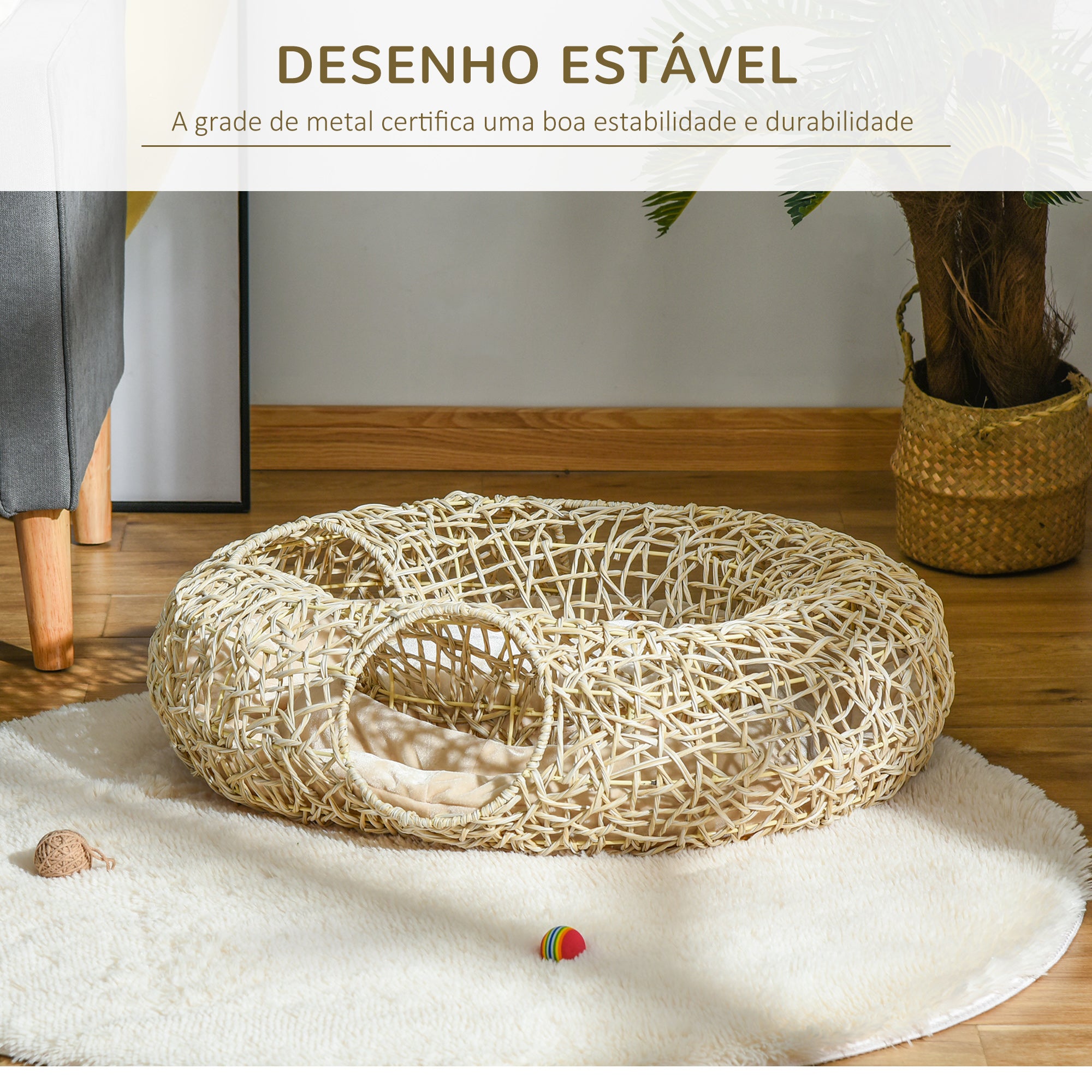 Cama para Gatos de Vime Cor de Madeira Natural 78x69x22cm