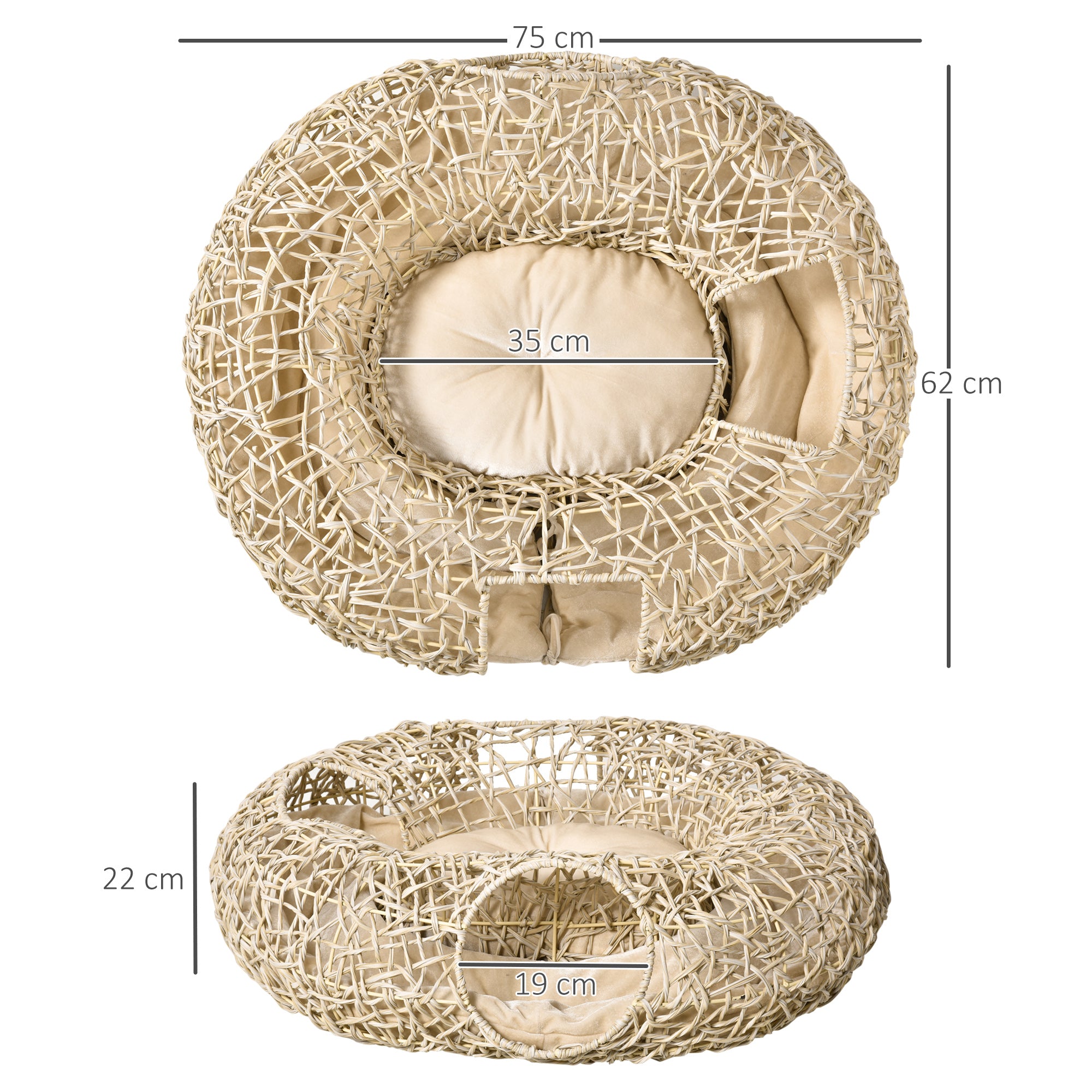 Cama para Gatos de Vime Cor de Madeira Natural 78x69x22cm