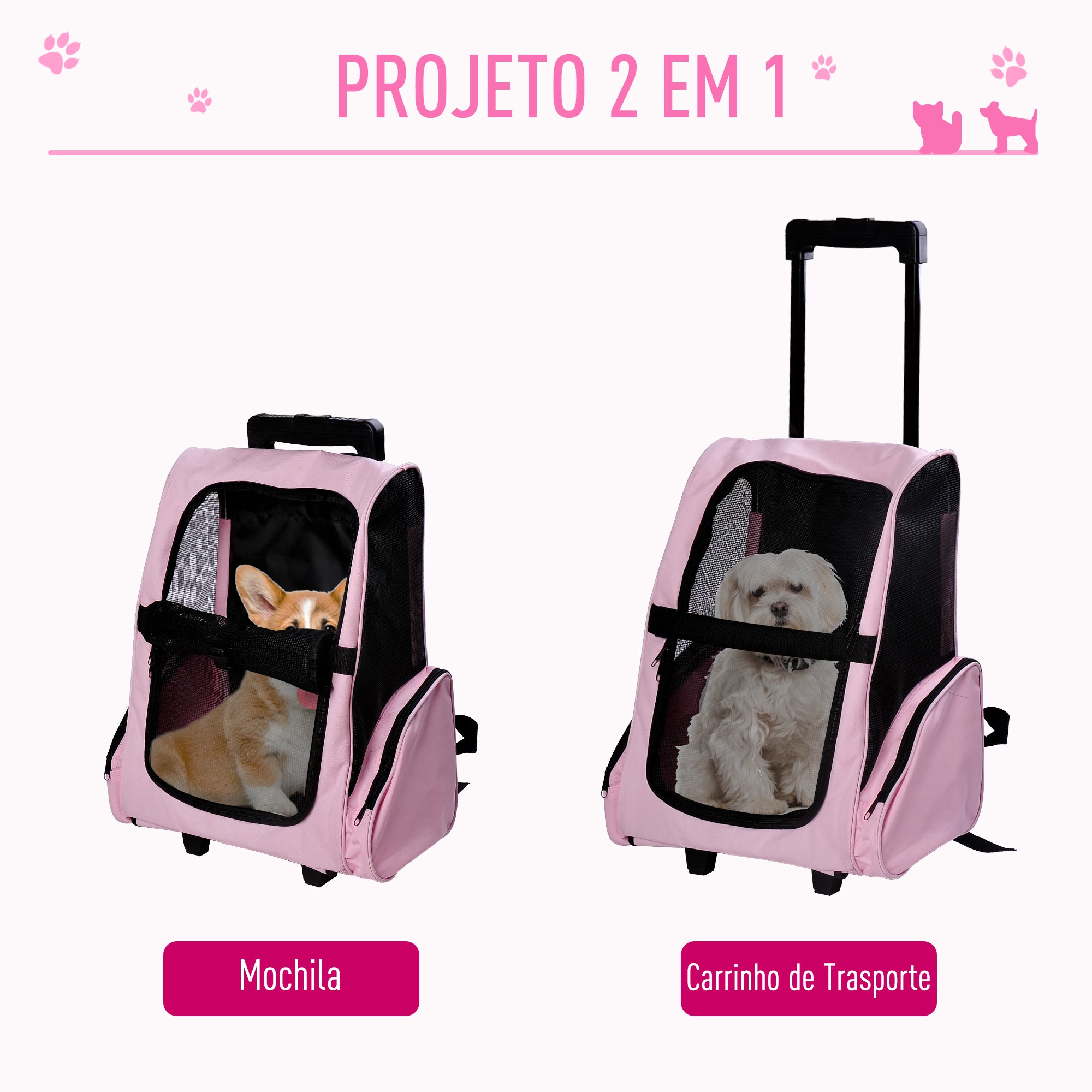 Transportadora 2 em 1 para Animais de Estimação - Rosa 42x25x55cm