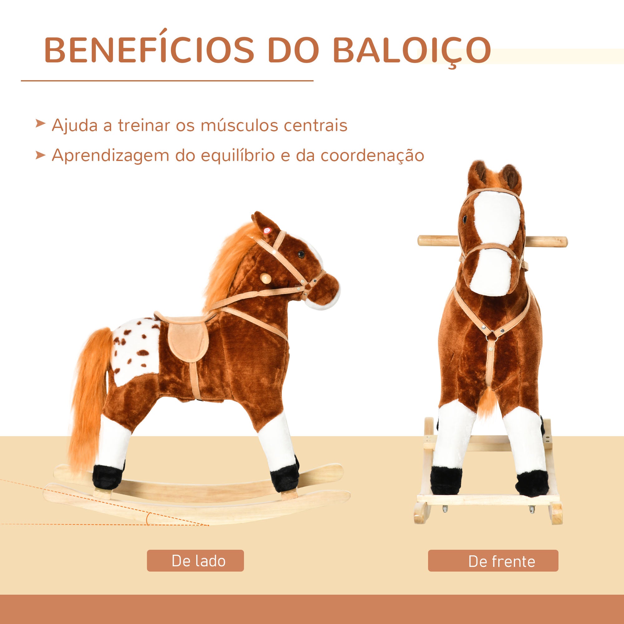 Cavalo Baloiço de Pelúcia Marrom 74x28x65 cm para Crianças entre 3-6 Anos