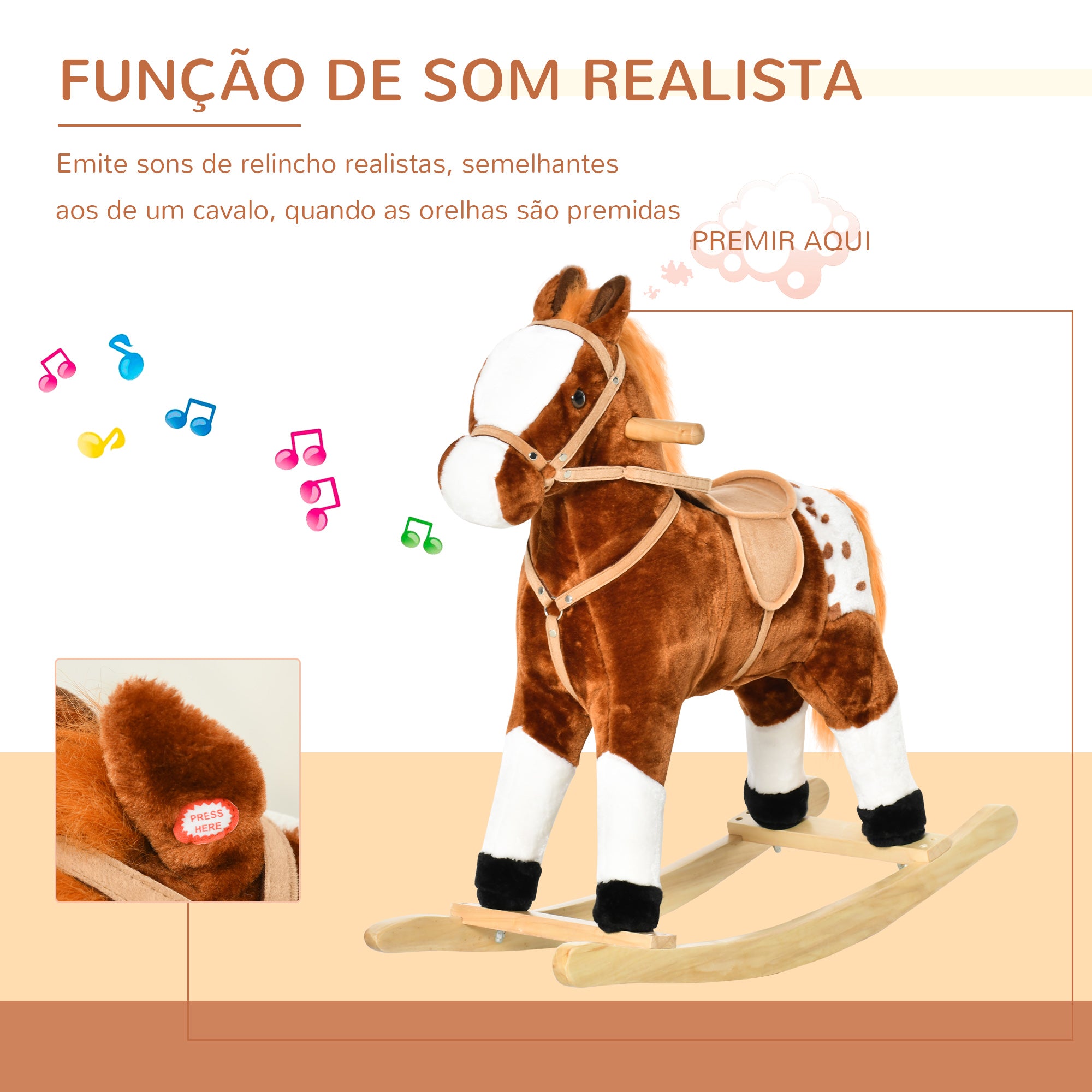 Cavalo Baloiço de Pelúcia Marrom 74x28x65 cm para Crianças entre 3-6 Anos