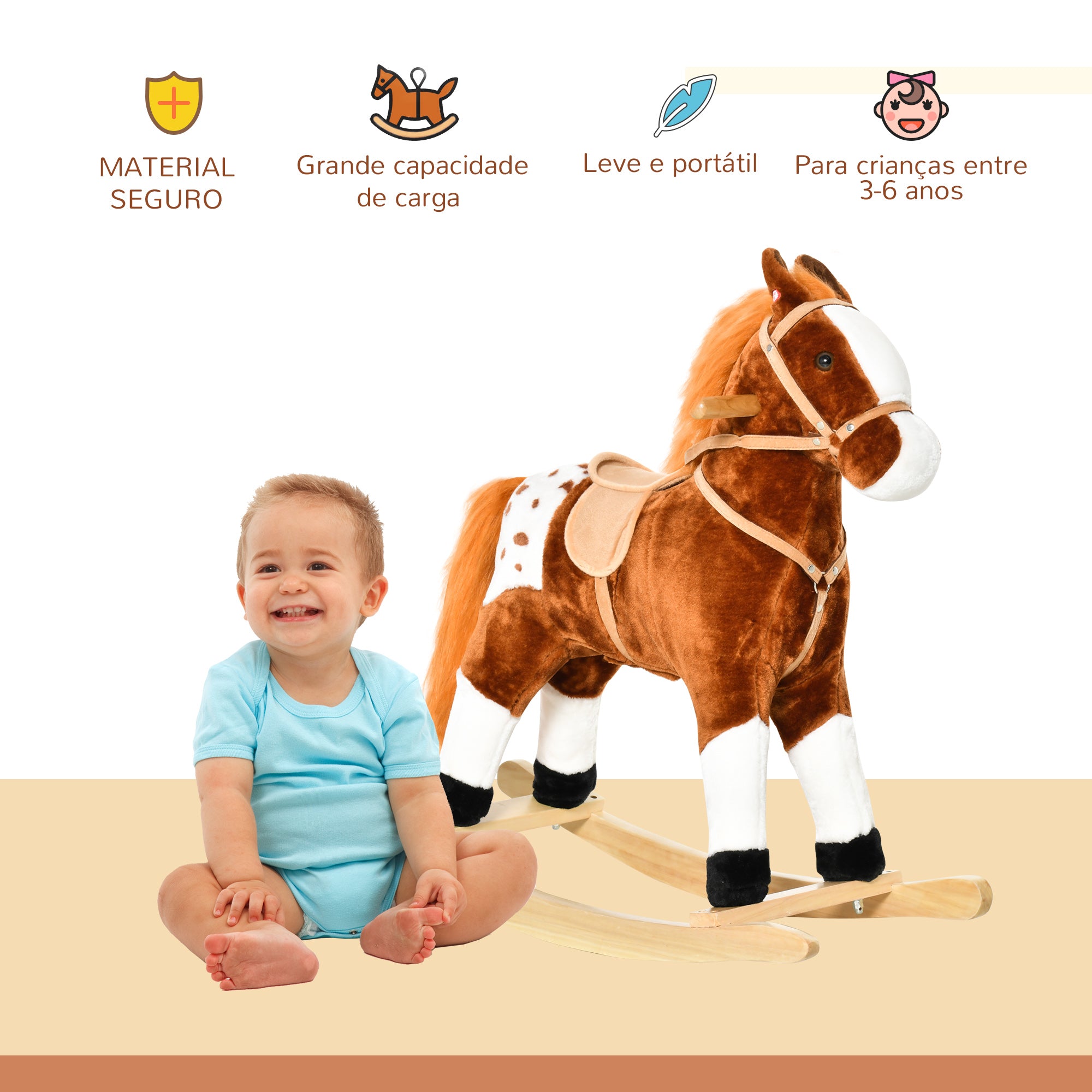 Cavalo Baloiço de Pelúcia Marrom 74x28x65 cm para Crianças entre 3-6 Anos