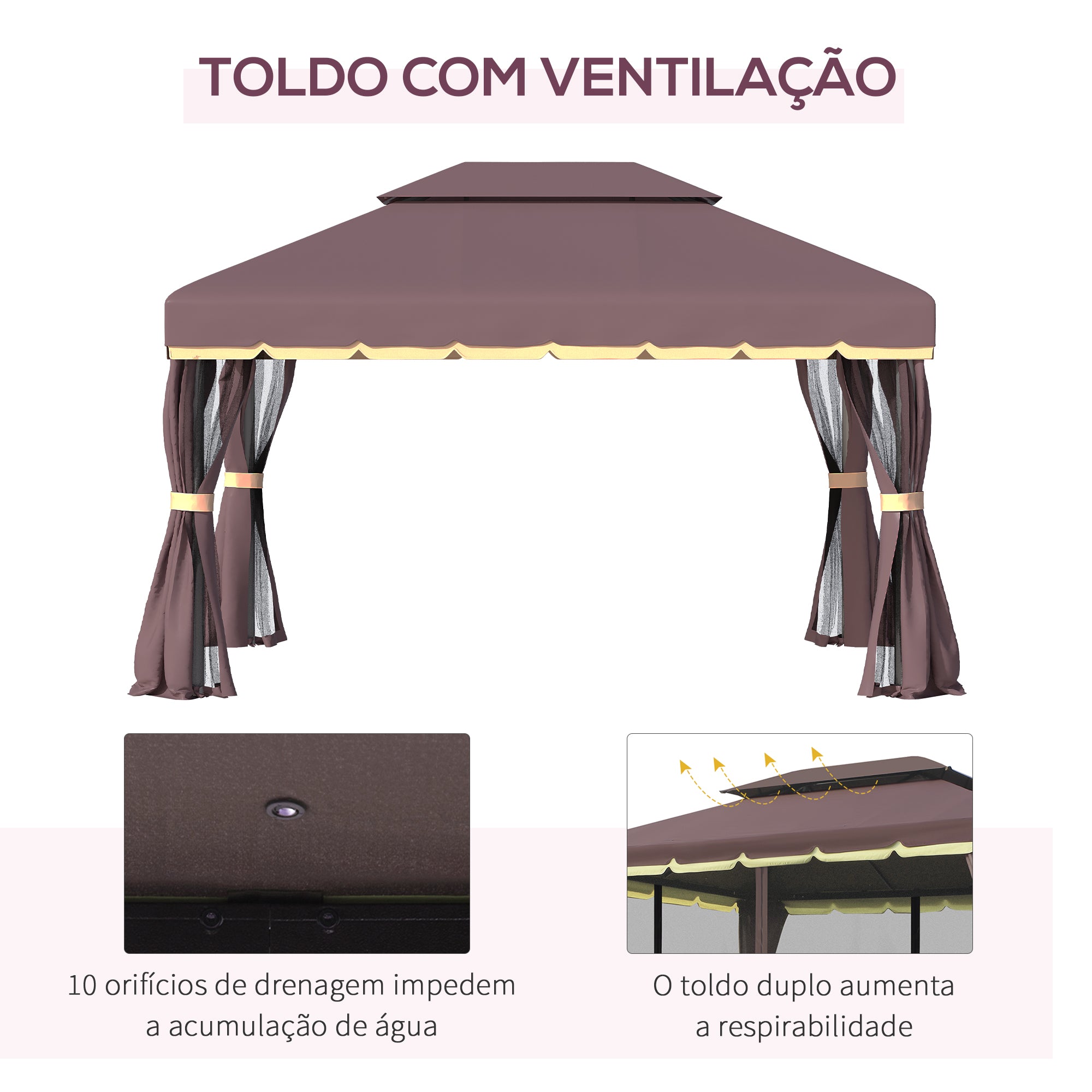 Pérgola de Jardim Marrom 390x290x280 cm com Teto Ventilado e Cortinas Laterais