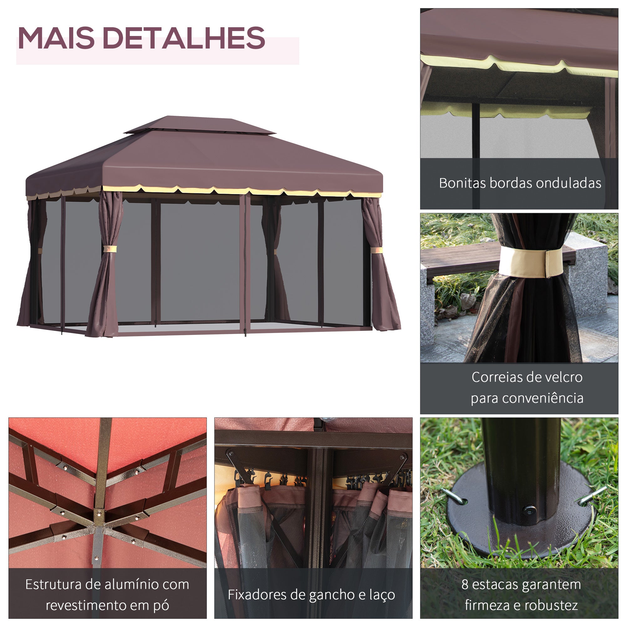 Pérgola de Jardim Marrom 390x290x280 cm com Teto Ventilado e Cortinas Laterais