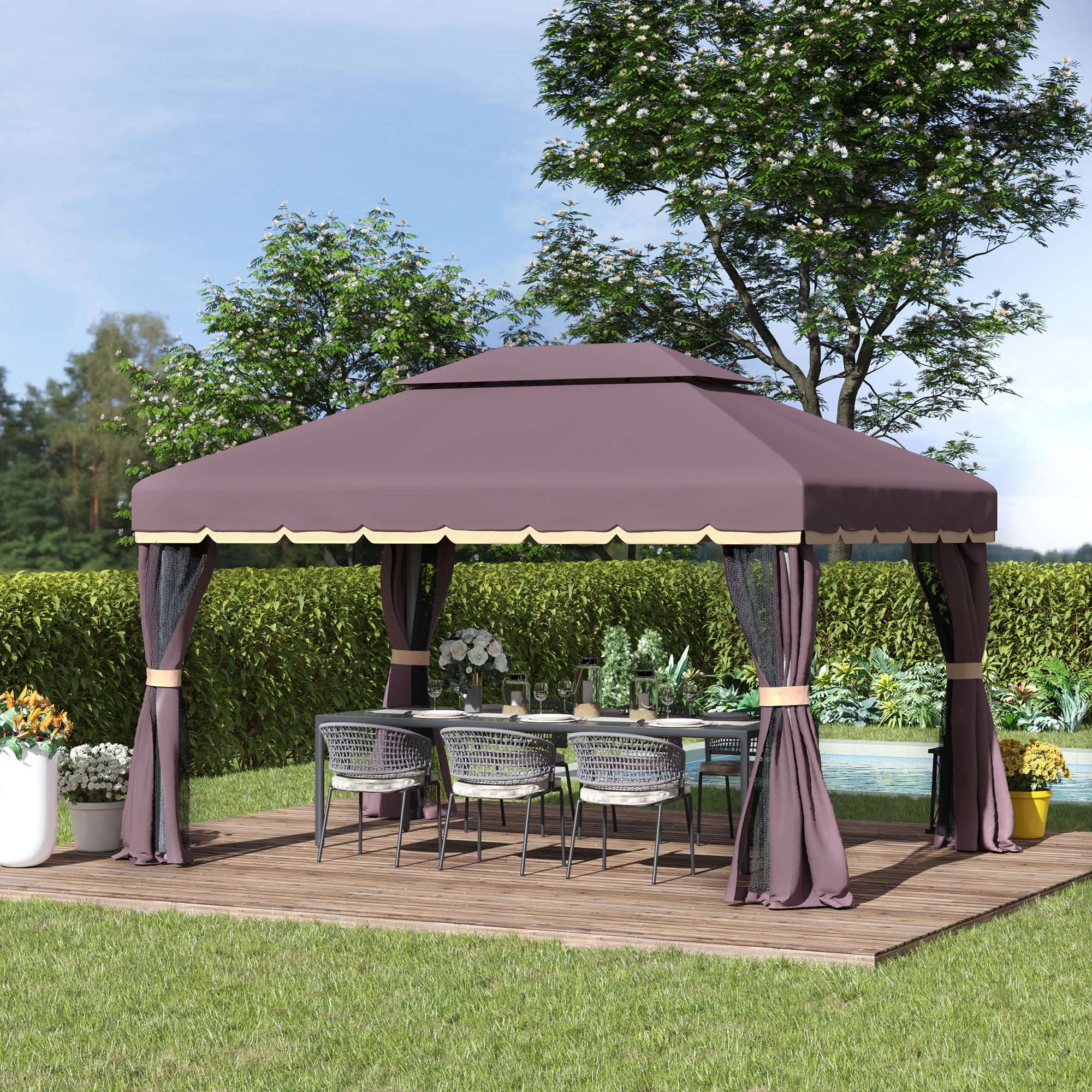 Pérgola de Jardim Marrom 390x290x280 cm com Teto Ventilado e Cortinas Laterais
