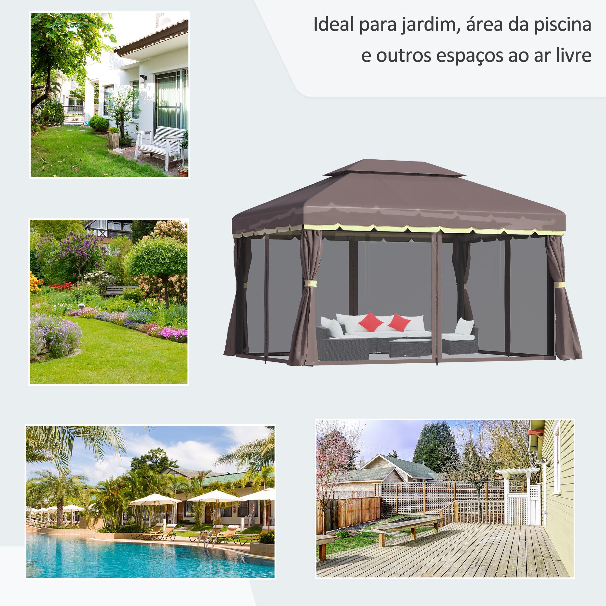 Pérgola de Jardim Marrom 390x290x280 cm com Teto Ventilado e Cortinas Laterais