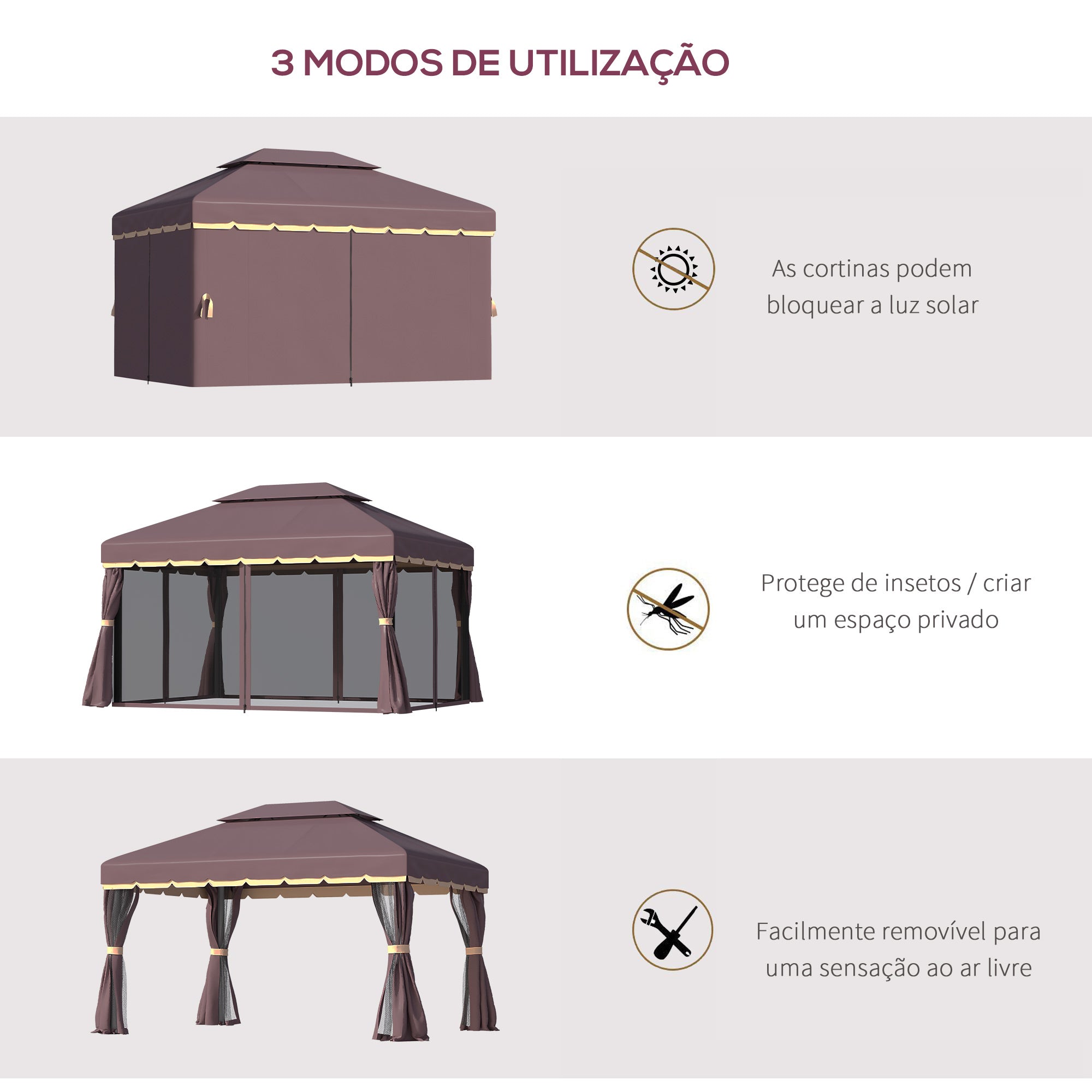 Pérgola de Jardim Marrom 390x290x280 cm com Teto Ventilado e Cortinas Laterais