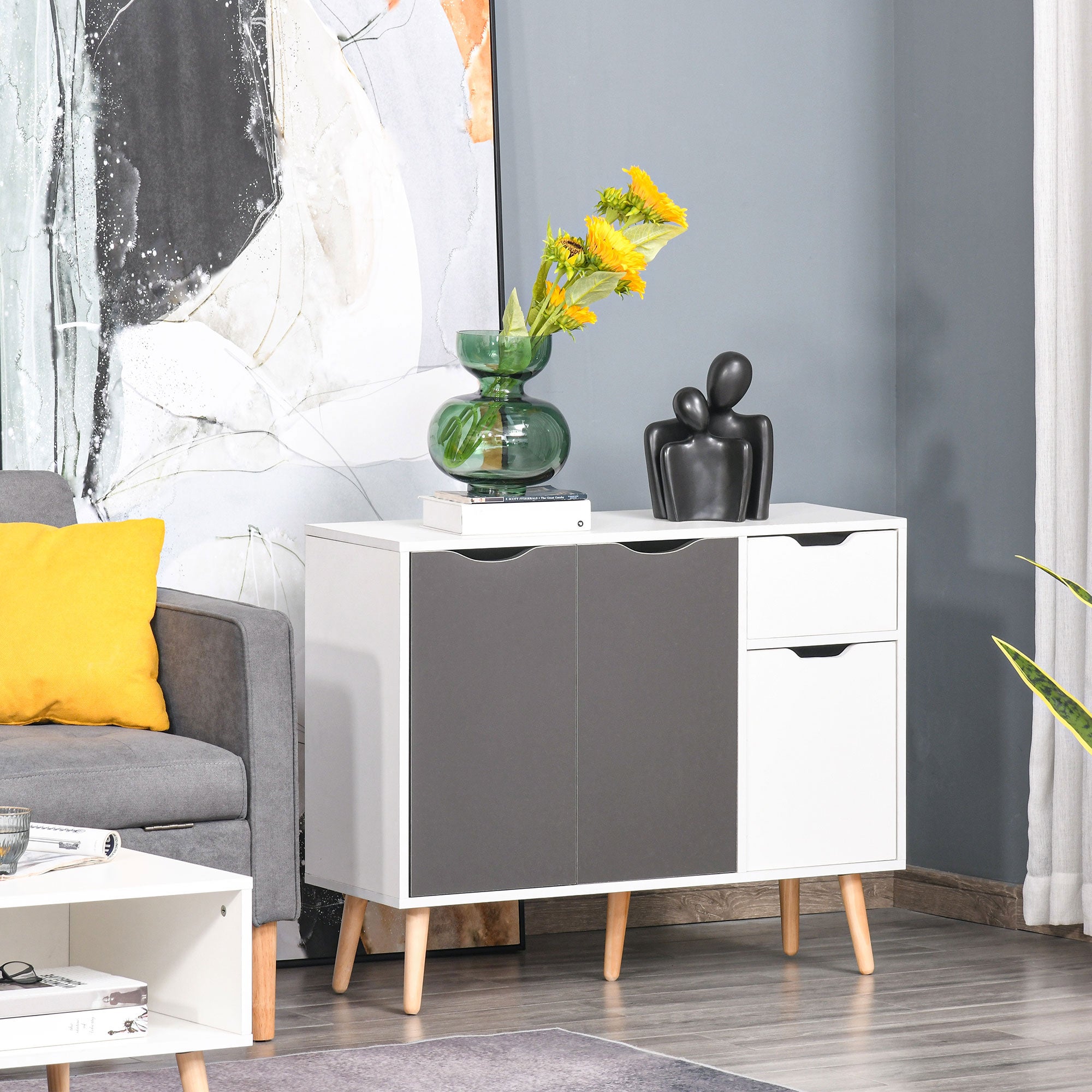 Aparador Móvel Auxiliar de Armazenamento 90x30x72 cm Cinza e Branco