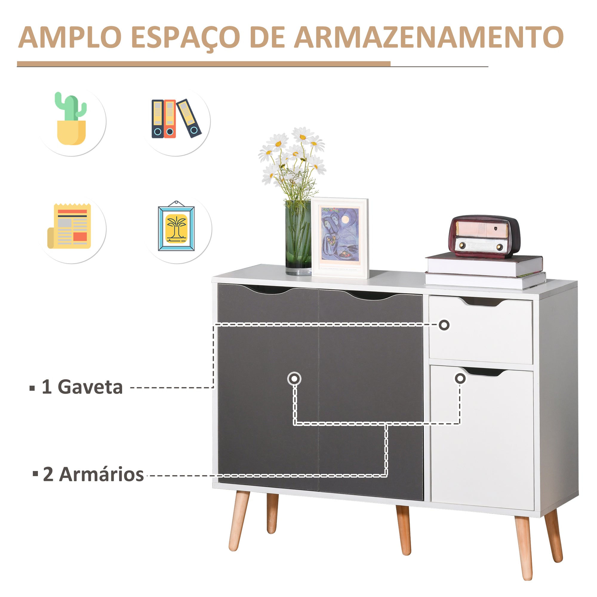 Aparador Móvel Auxiliar de Armazenamento 90x30x72 cm Cinza e Branco