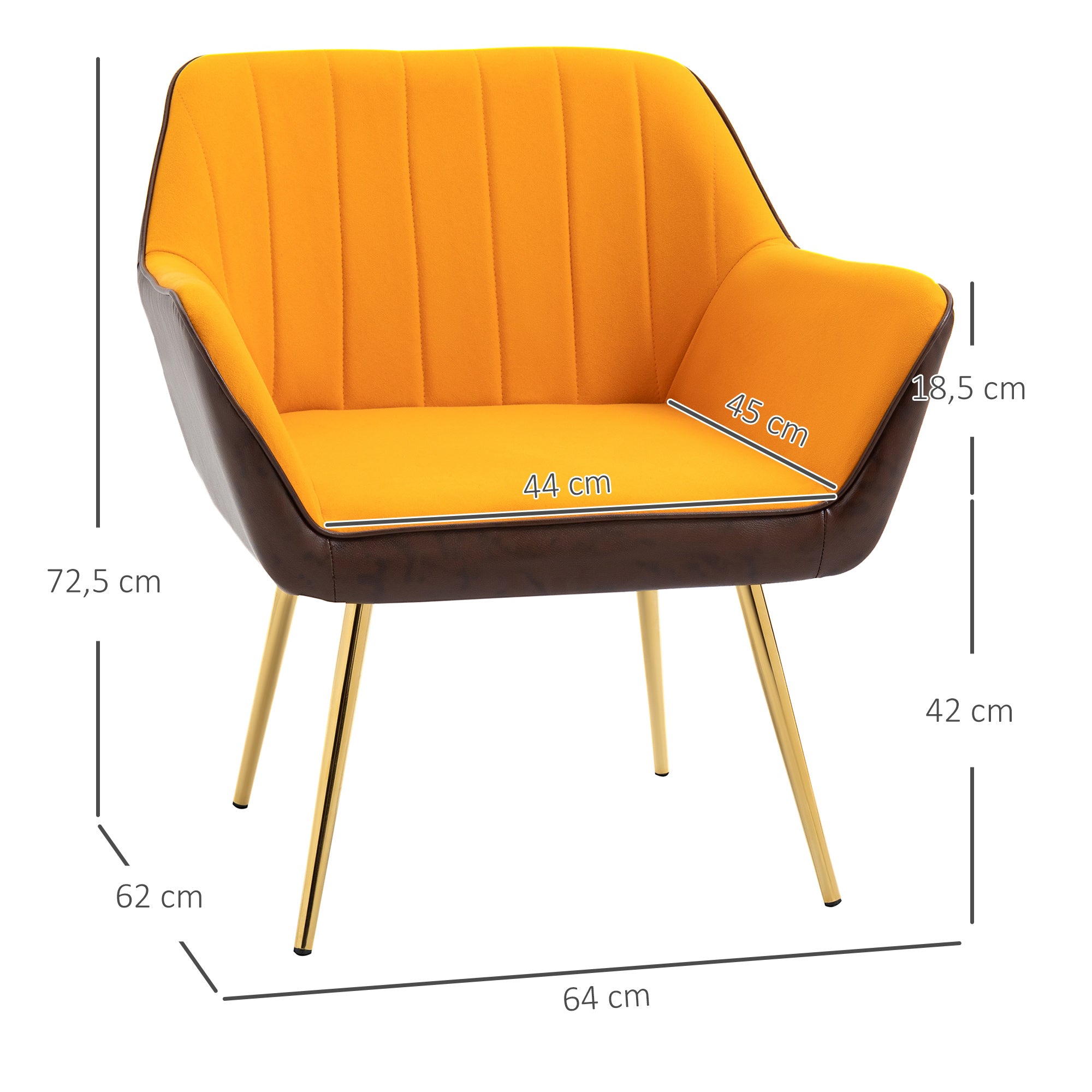 Poltrona Amarela de Sala de Estar Estofada em Couro Sintético e Veludo 64x62x72,5 cm