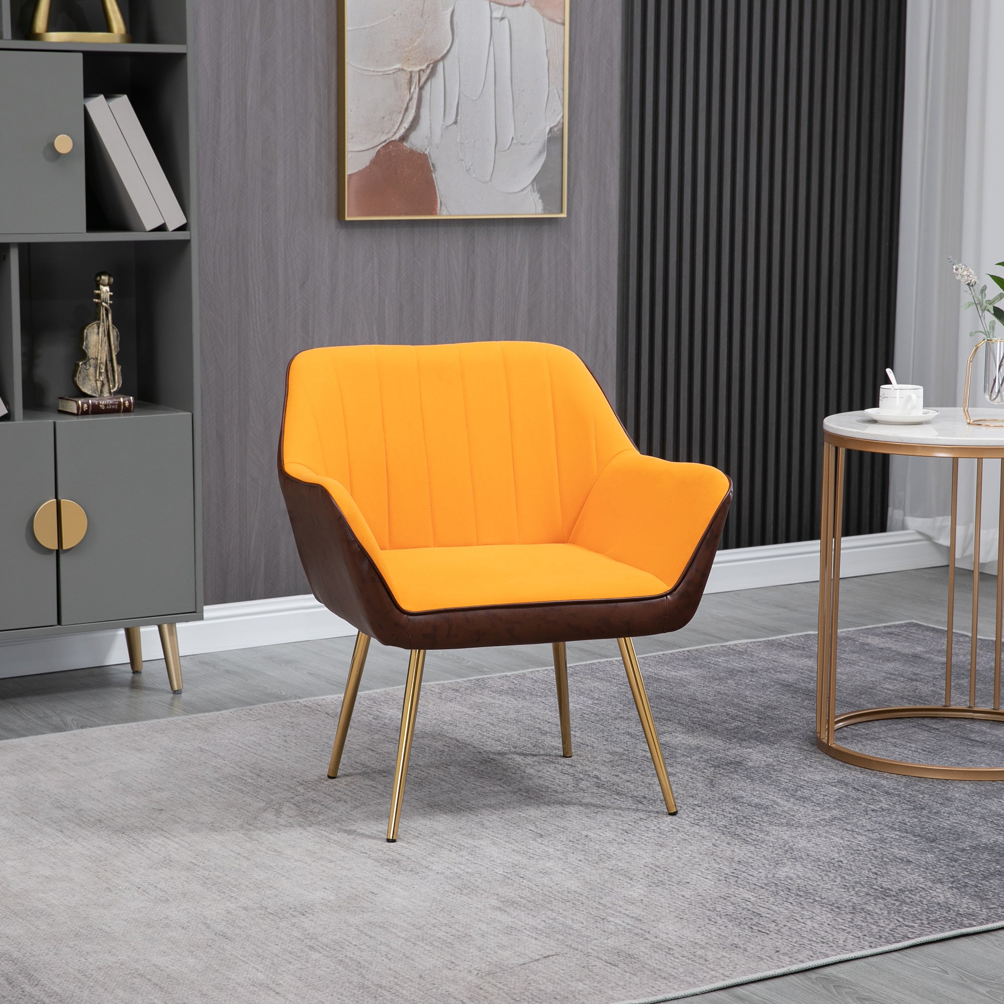 Poltrona Amarela de Sala de Estar Estofada em Couro Sintético e Veludo 64x62x72,5 cm