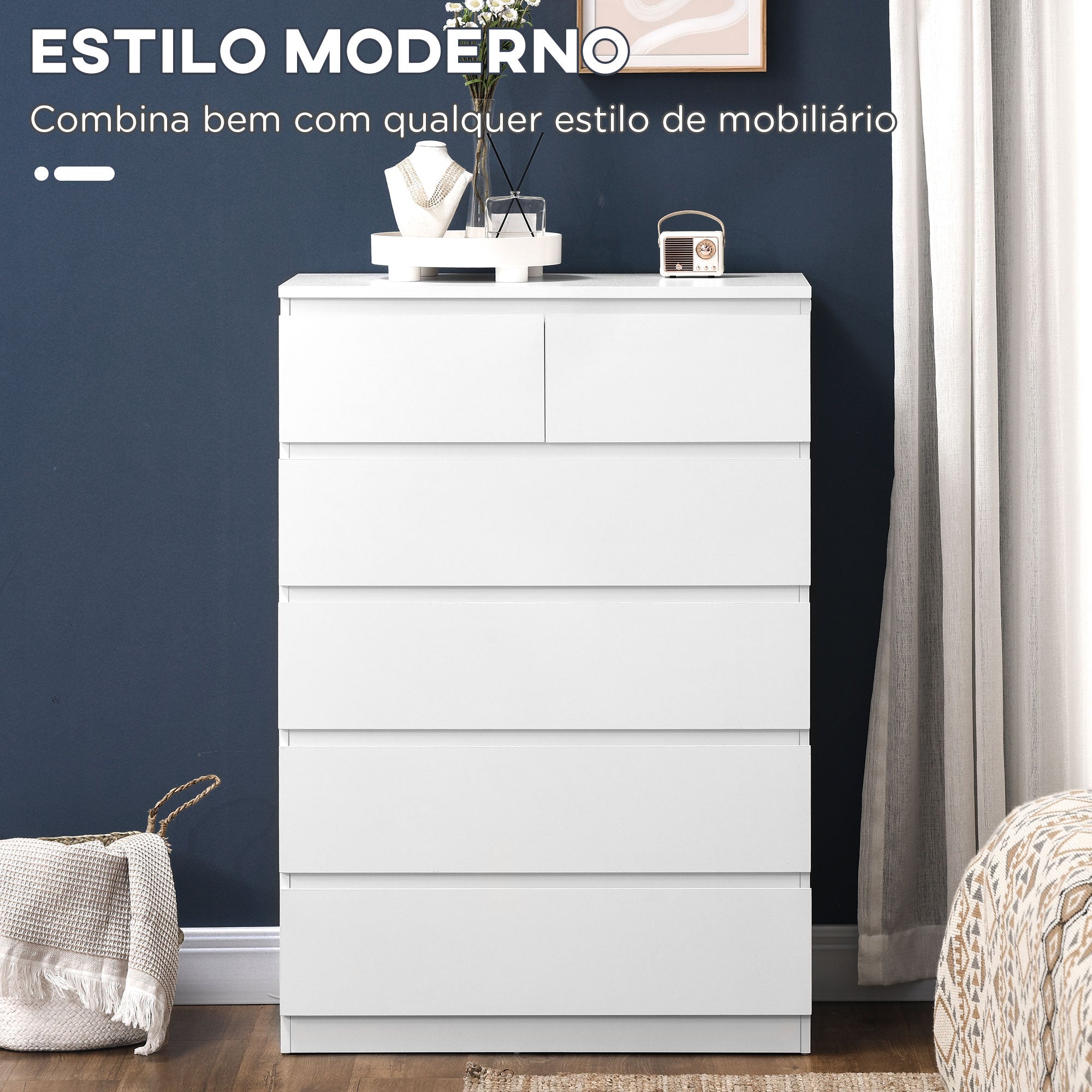 Cómoda Moderna 6 Gavetas 80x39x115 cm Branco