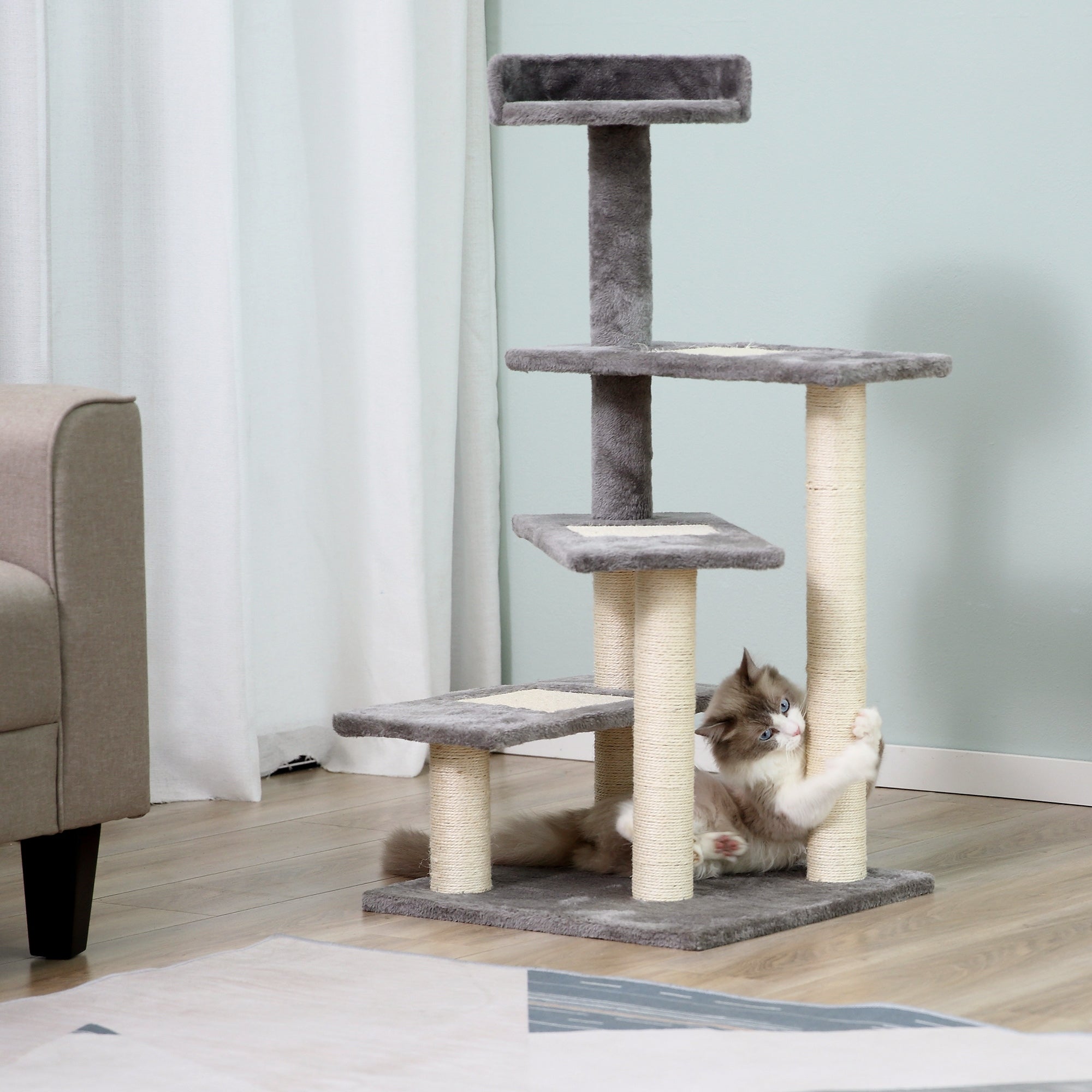 Arranhador para Gatos Centro de Atividades 3 Plataformas 48x48x101 cm Cor Bege e Cinzento