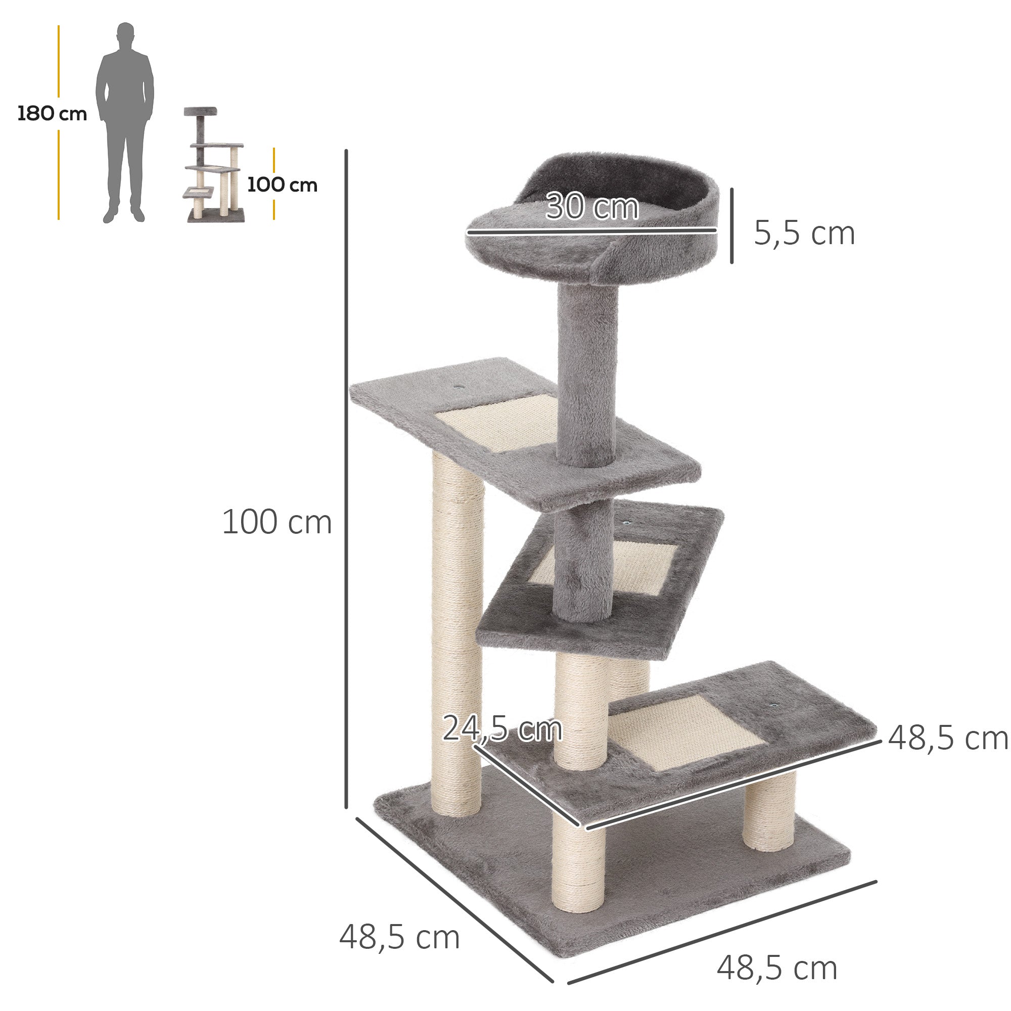 Arranhador para Gatos Centro de Atividades 3 Plataformas 48x48x101 cm Cor Bege e Cinzento