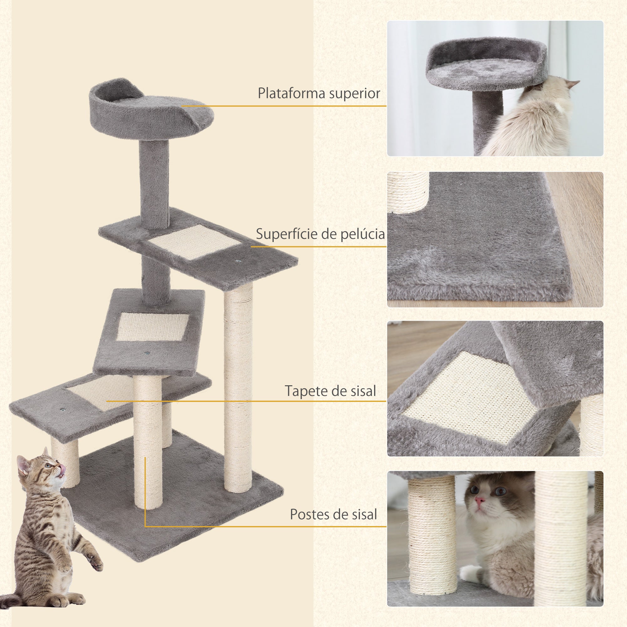 Arranhador para Gatos Centro de Atividades 3 Plataformas 48x48x101 cm Cor Bege e Cinzento