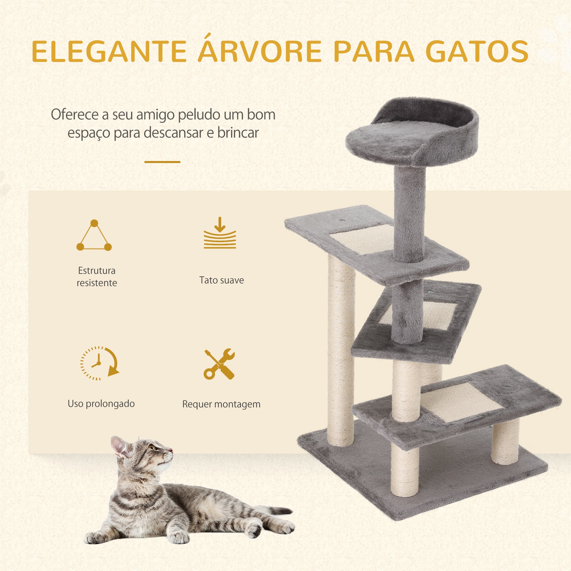 Arranhador para Gatos Centro de Atividades 3 Plataformas 48x48x101 cm Cor Bege e Cinzento