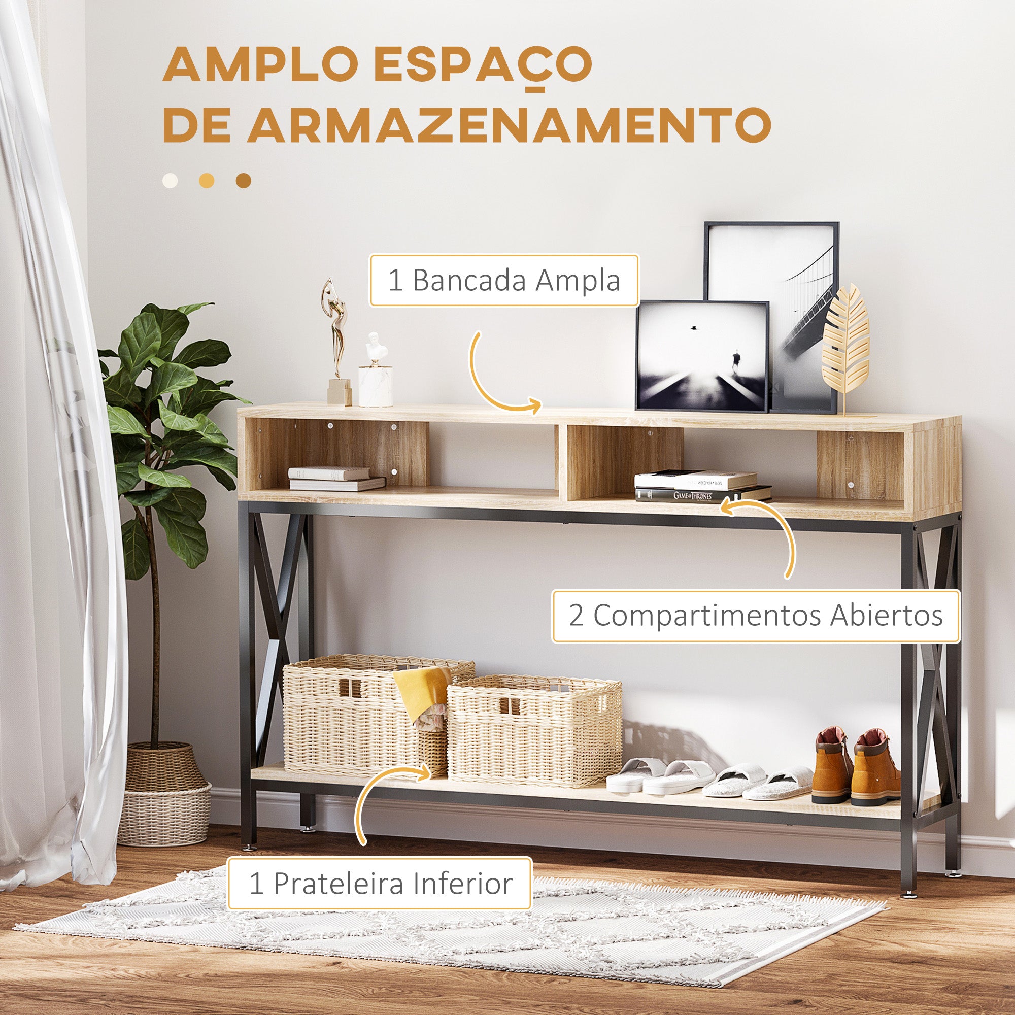 Mesa Consola Estilo Industrial Vintage 120x23,5x75cm Carvalho e Preto