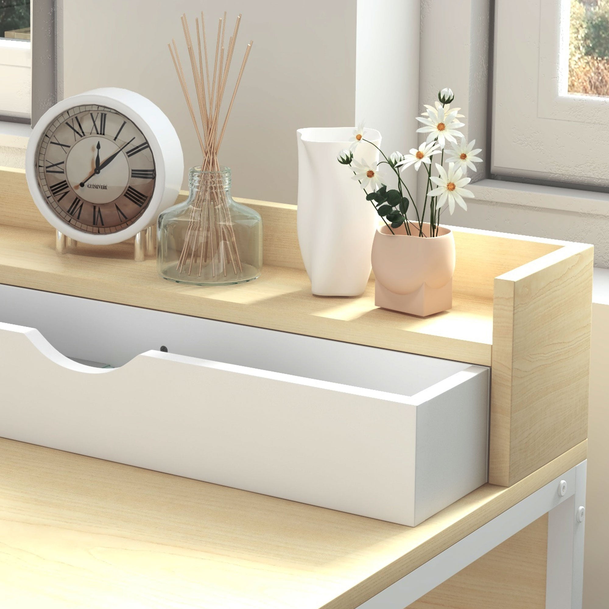 Secretária Moderna com Estante e Gavetas Removíveis 106x50x89 cm - Branco e Carvalho