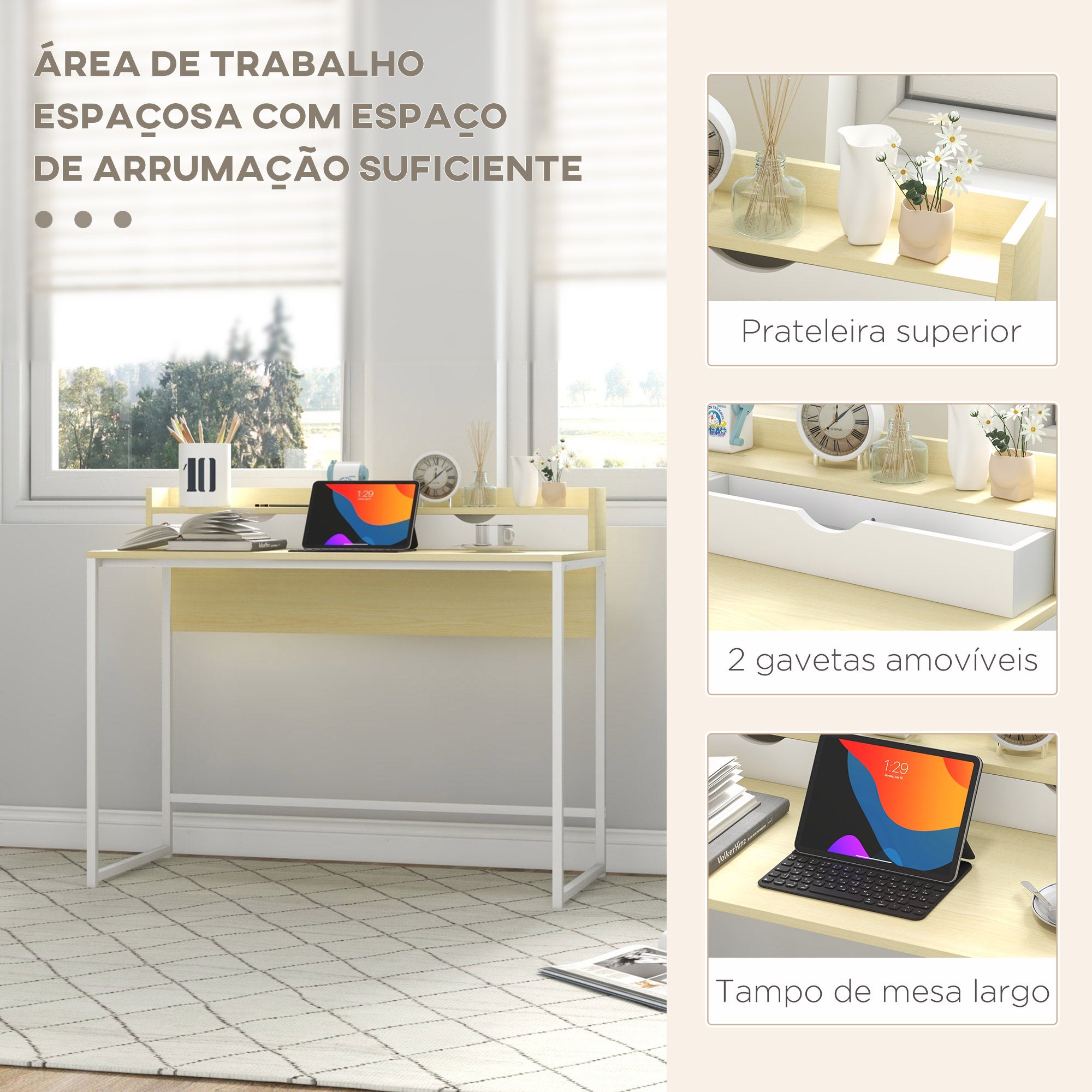 Secretária Moderna com Estante e Gavetas Removíveis 106x50x89 cm - Branco e Carvalho