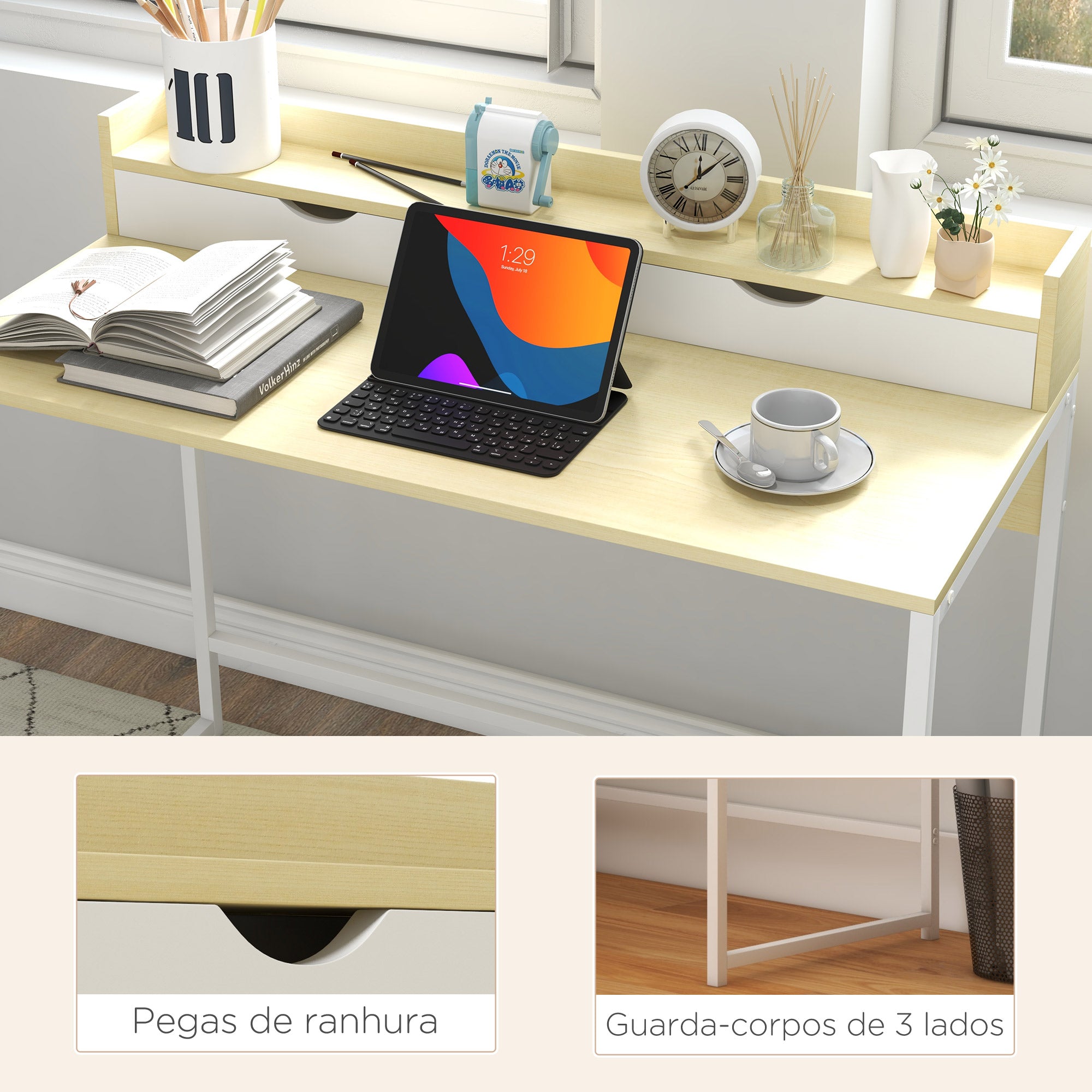 Secretária Moderna com Estante e Gavetas Removíveis 106x50x89 cm - Branco e Carvalho