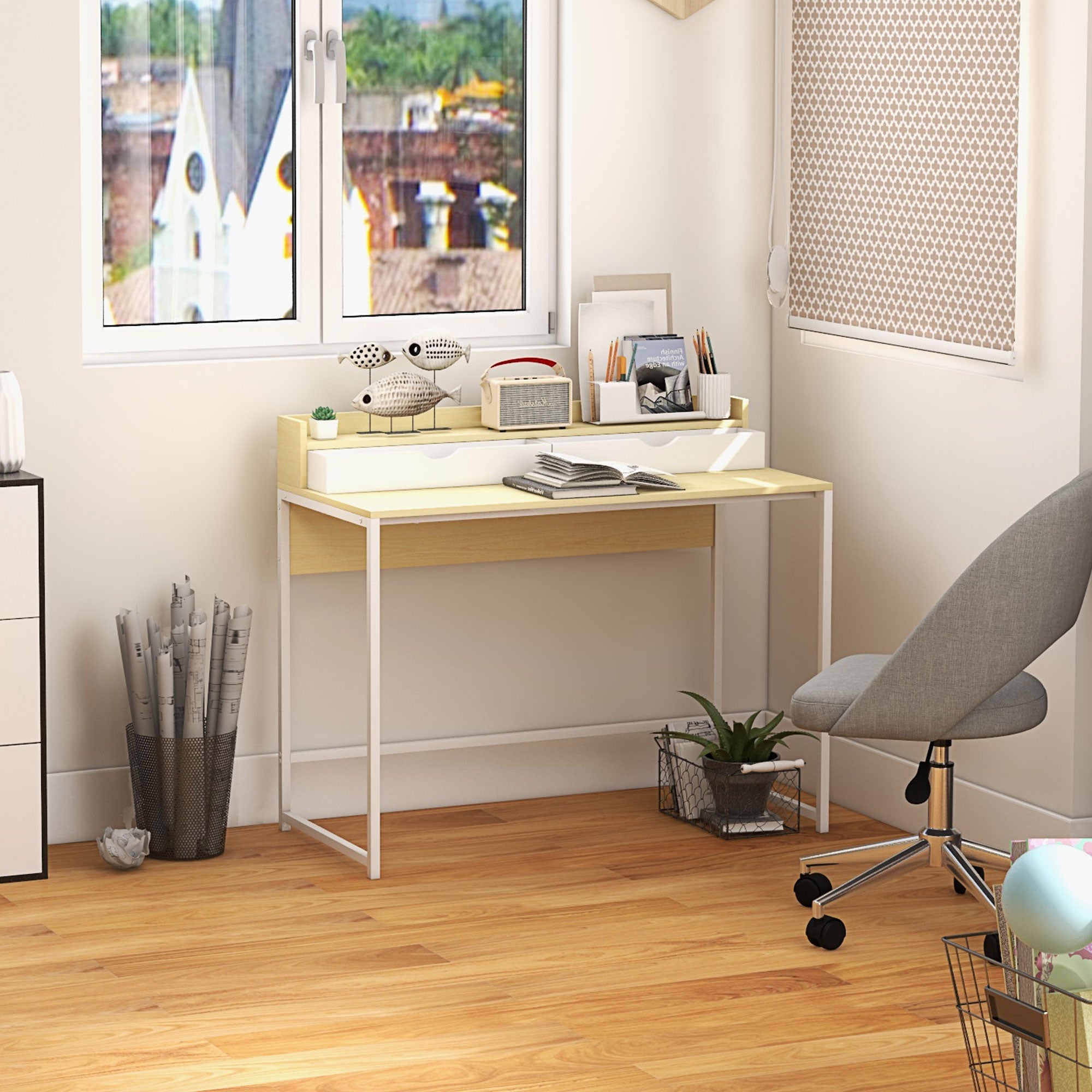 Secretária Moderna com Estante e Gavetas Removíveis 106x50x89 cm - Branco e Carvalho