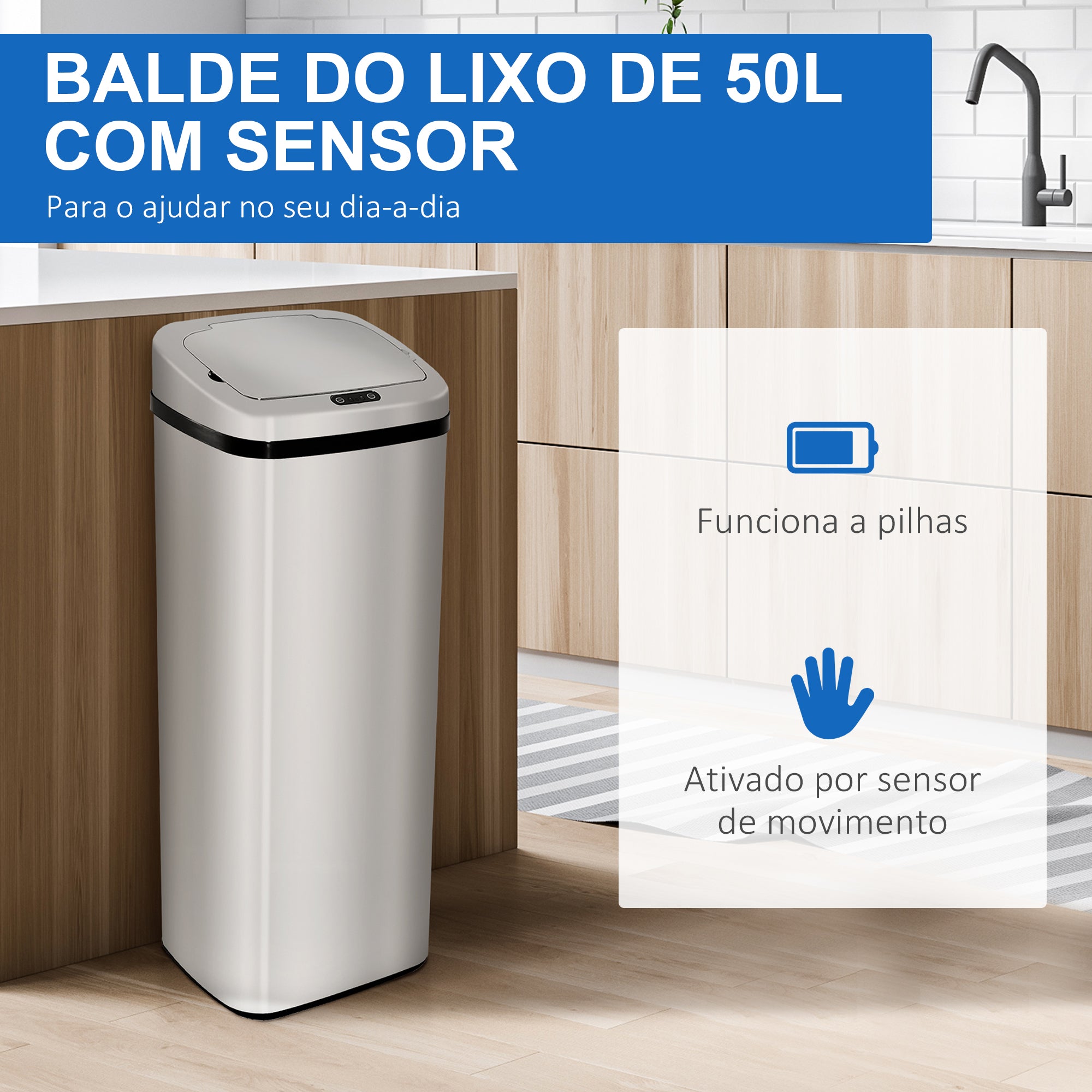 Balde de Lixo Inteligente 50L Prata 33x25x84 cm