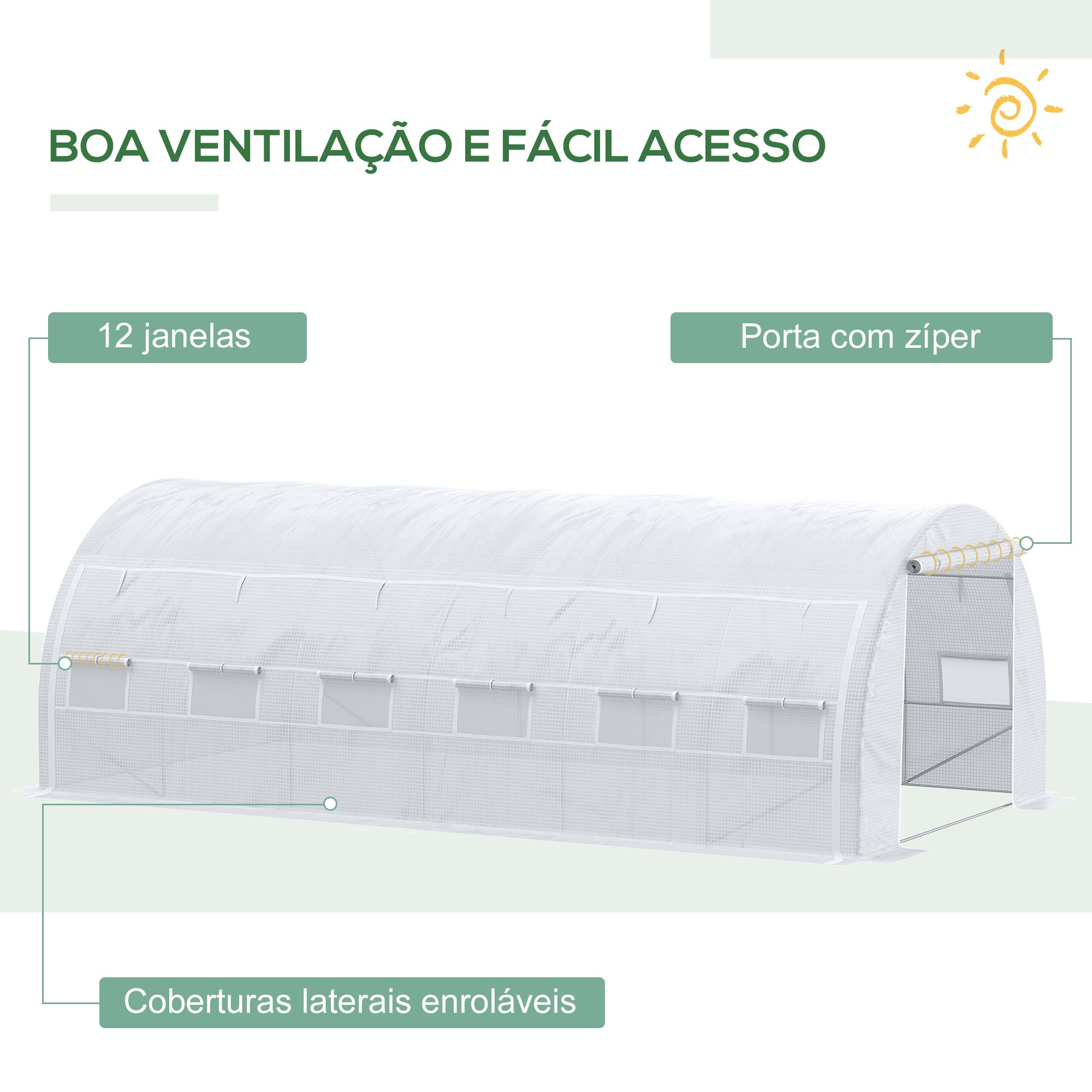 Estufa Tipo Túnel de Jardim – 6x3x2m – Branco – Aço Galvanizado