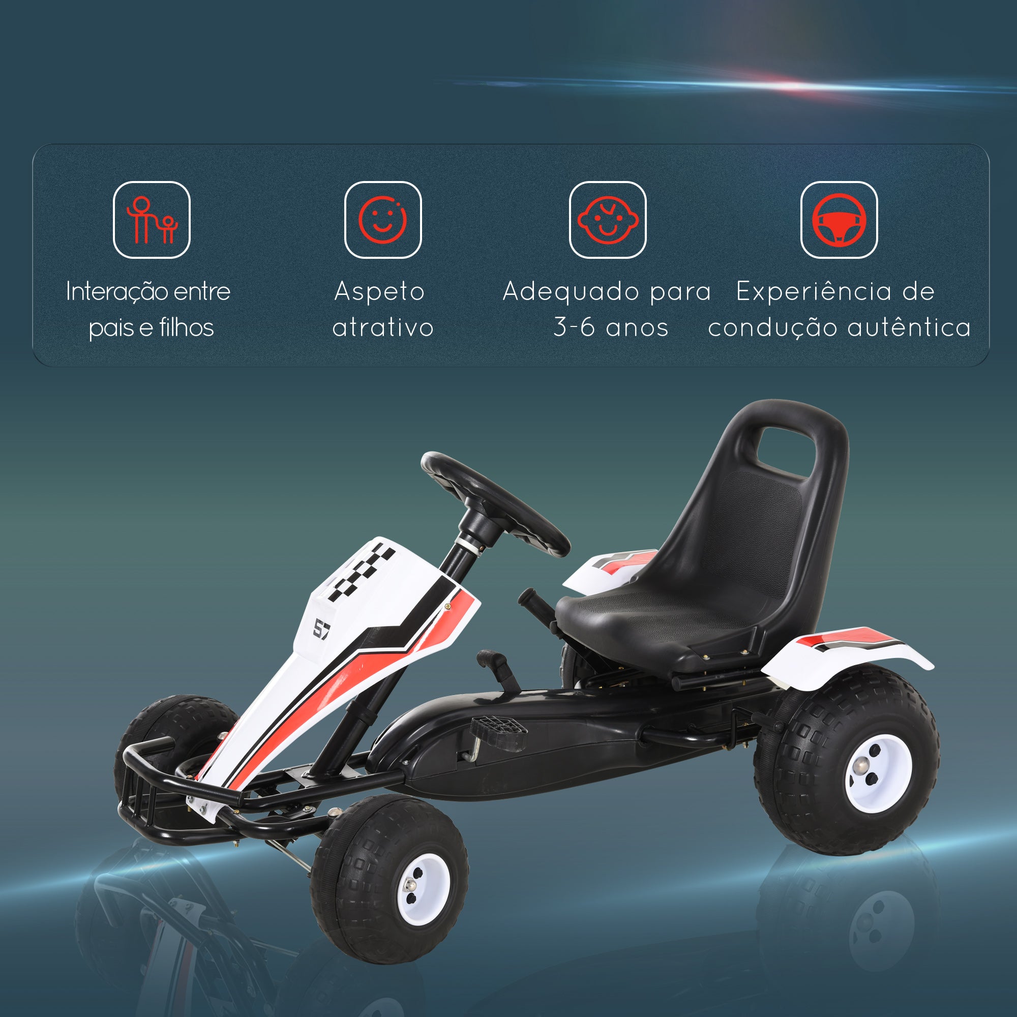 Go Kart a Pedais para Crianças 104x66x57cm Branco, Vermelho e Preto