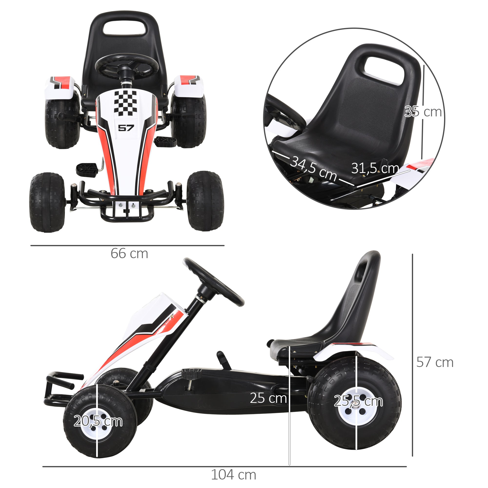 Go Kart a Pedais para Crianças 104x66x57cm Branco, Vermelho e Preto