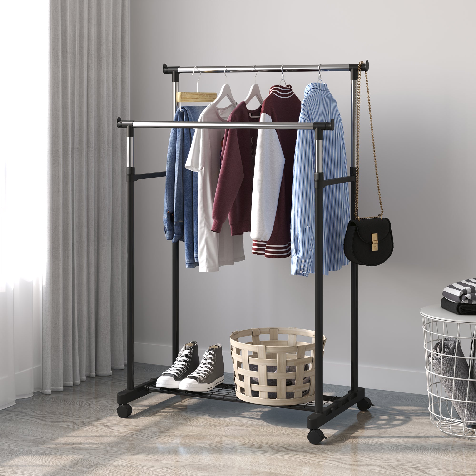 Cabide Ajustável em Altura com Rodas - 80x43x155 cm - Preto