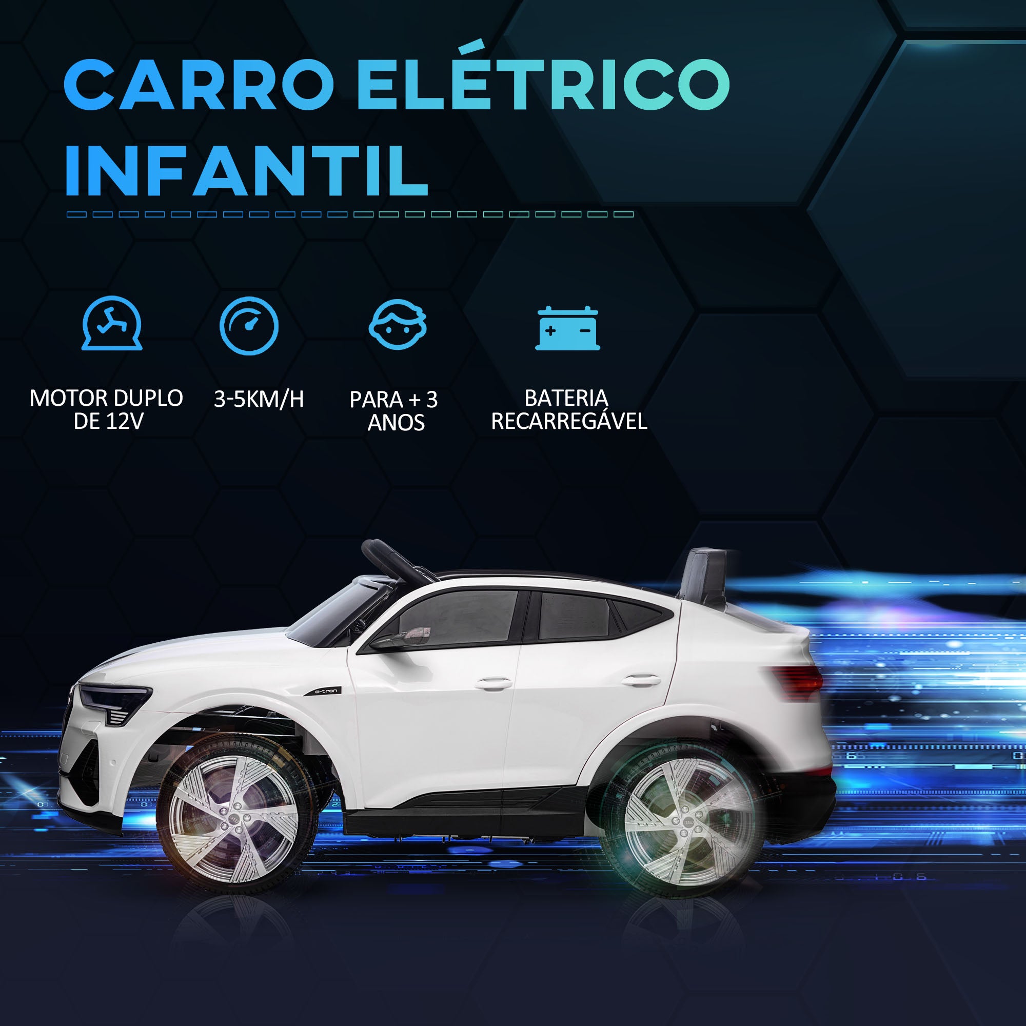 Carro Elétrico Infantil – 108x60x47 cm – Branco – PP e Aço