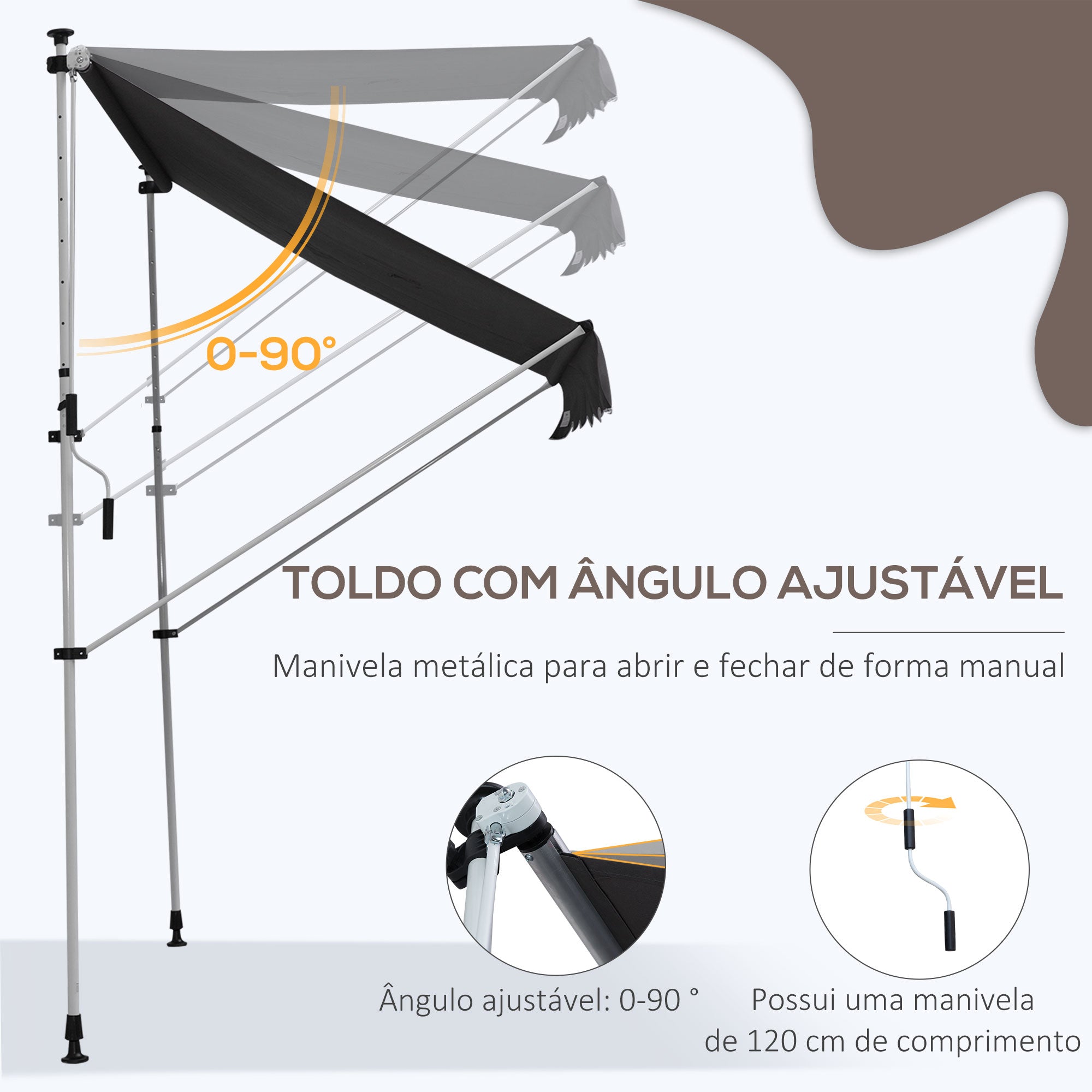 Toldo Manual Retrátil 200x150 cm Cinzento com Manivela de Alumínio