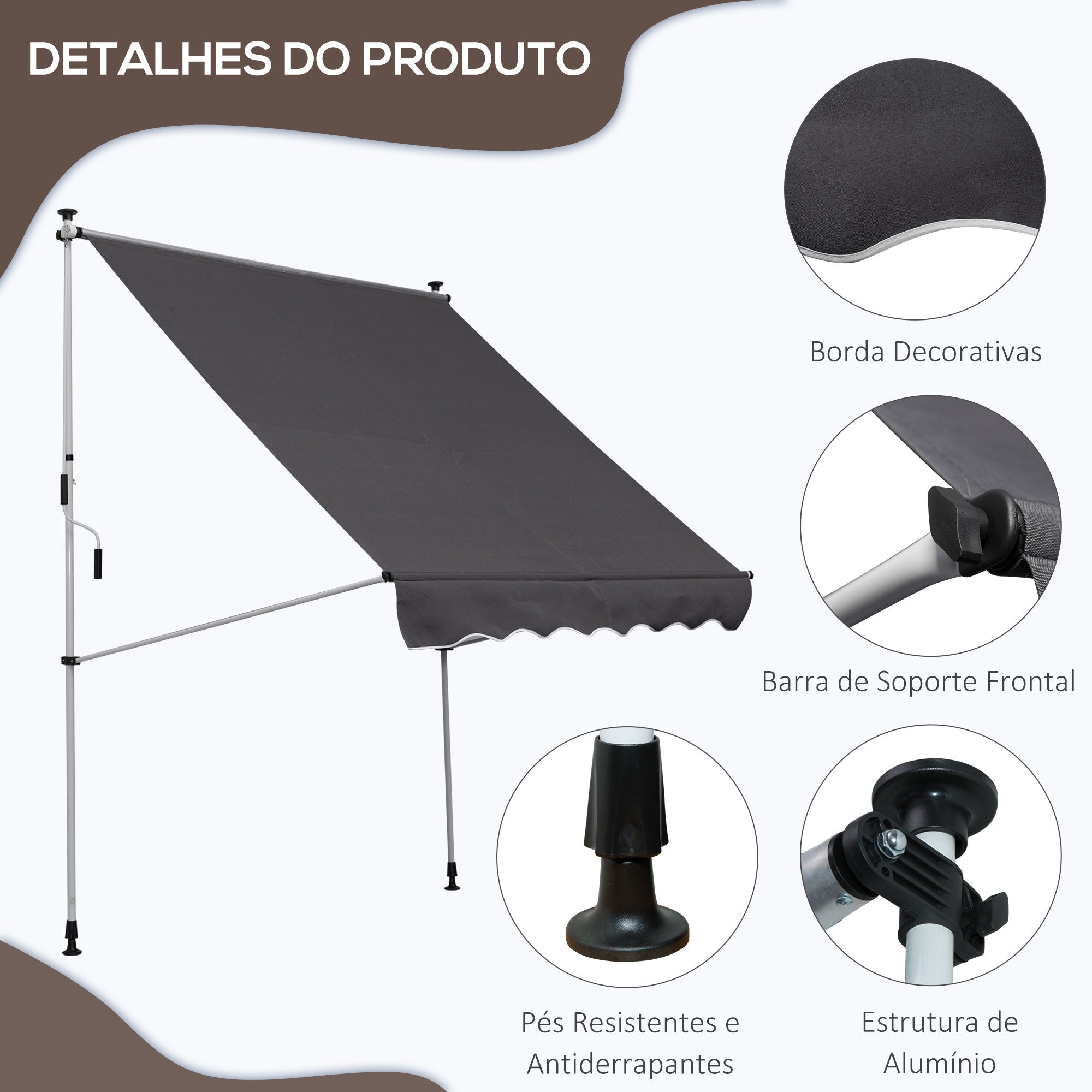 Toldo Manual Retrátil 200x150 cm Cinzento com Manivela de Alumínio