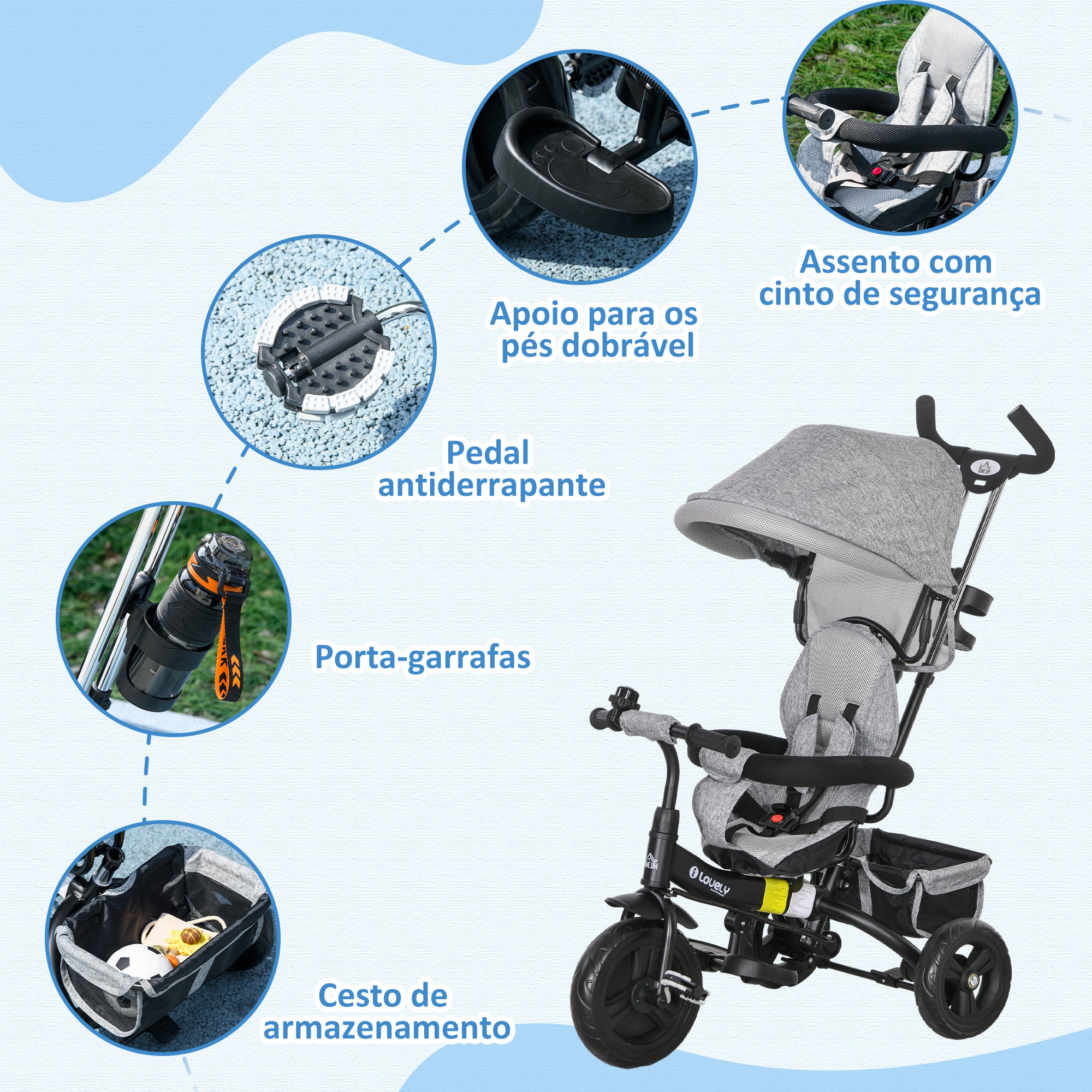 Triciclo Infantil 2 em 1 - 95x50x106 cm - Cinzento