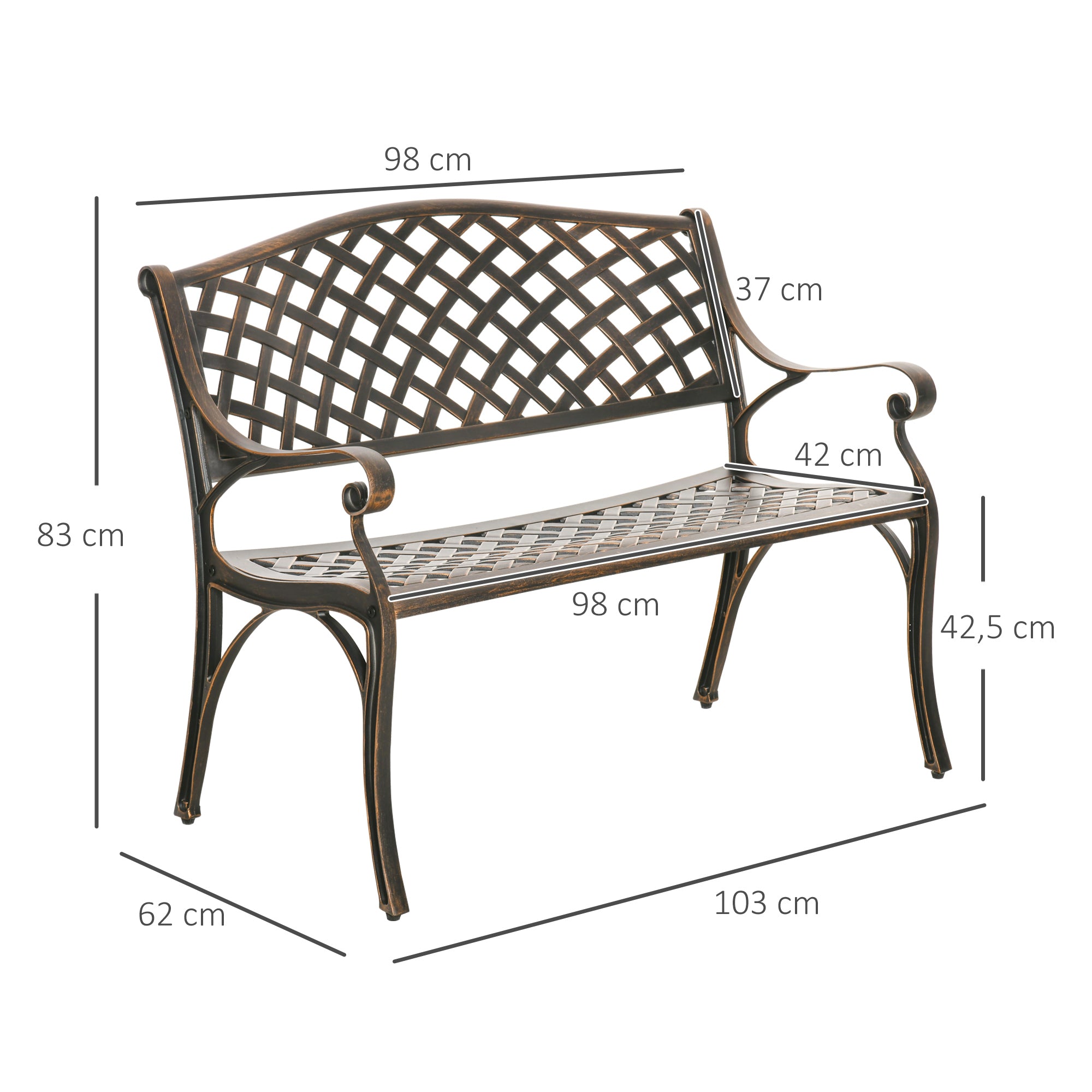 Banco de Jardim de 2 Lugares em Alumínio Fundido Cor de Bronze 103x62x83 cm