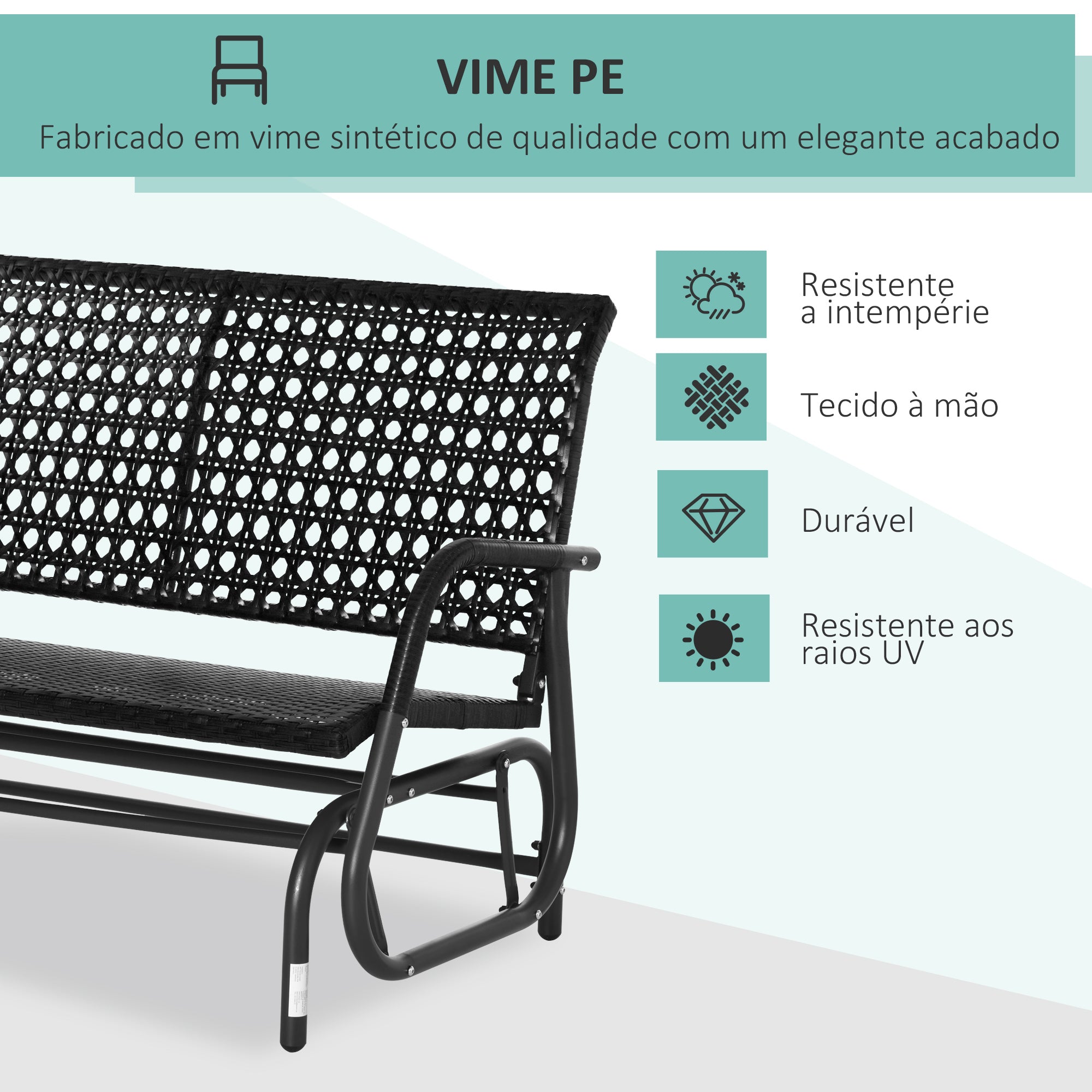 Banco Baloiço de Vime Preto 70x120x84 cm