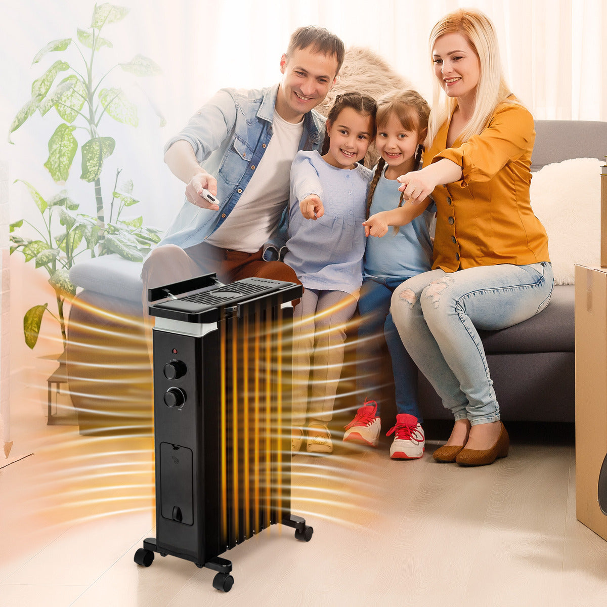 Radiador de Óleo Portátil Aquecedor Elétrico 3 Ajustes de Calor até 108.2° Rodas Termostato Incorporado Preto