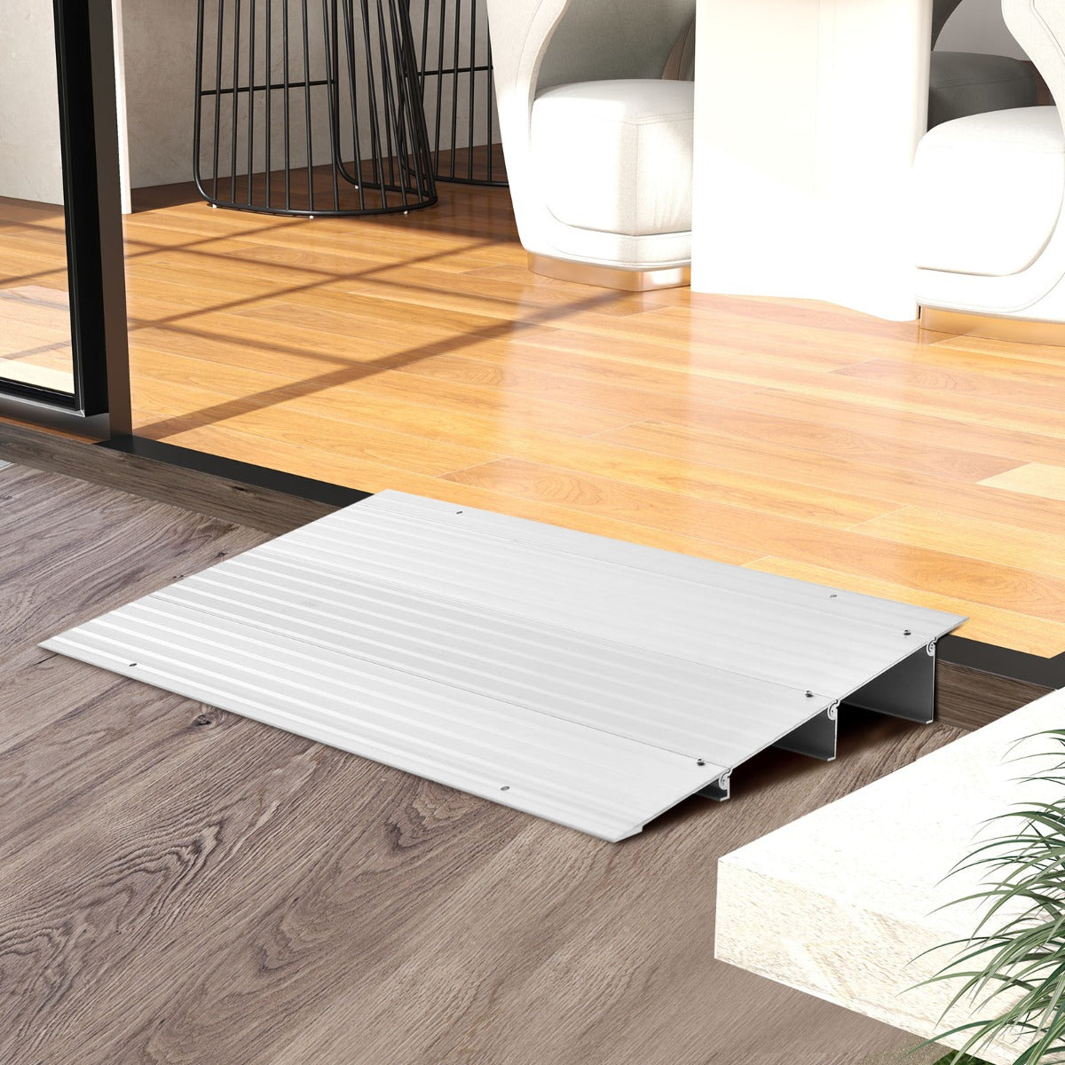 Rampa de Porta com Moldura de Alumínio e Superfície Antiderrapante 317 kg para Cadeiras de Rodas 86,5 x 41,5 x 8,5 cm Prateado